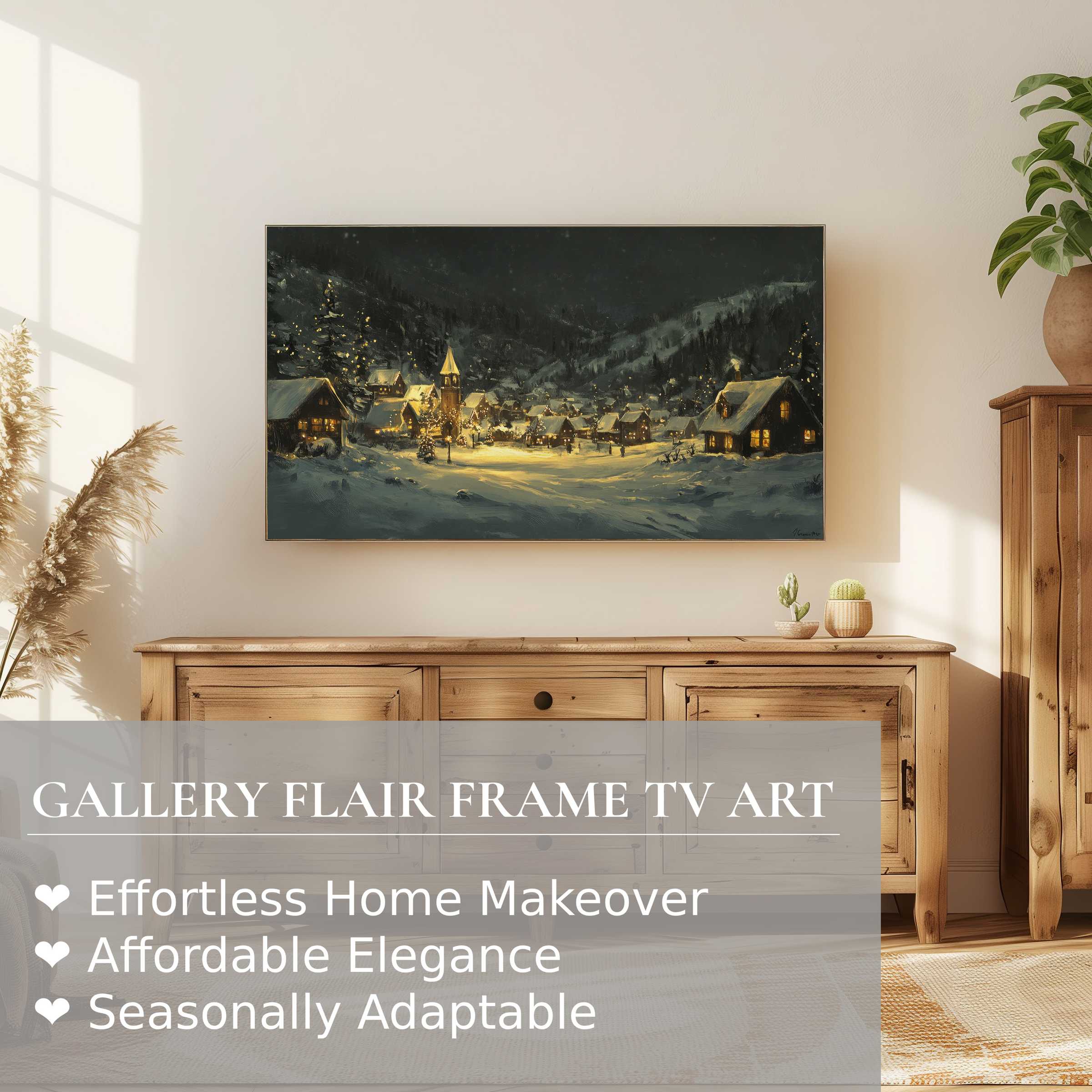 Samsung Frame TV displaying serene christmas digital artwork of a snowy village at night in a modern living room