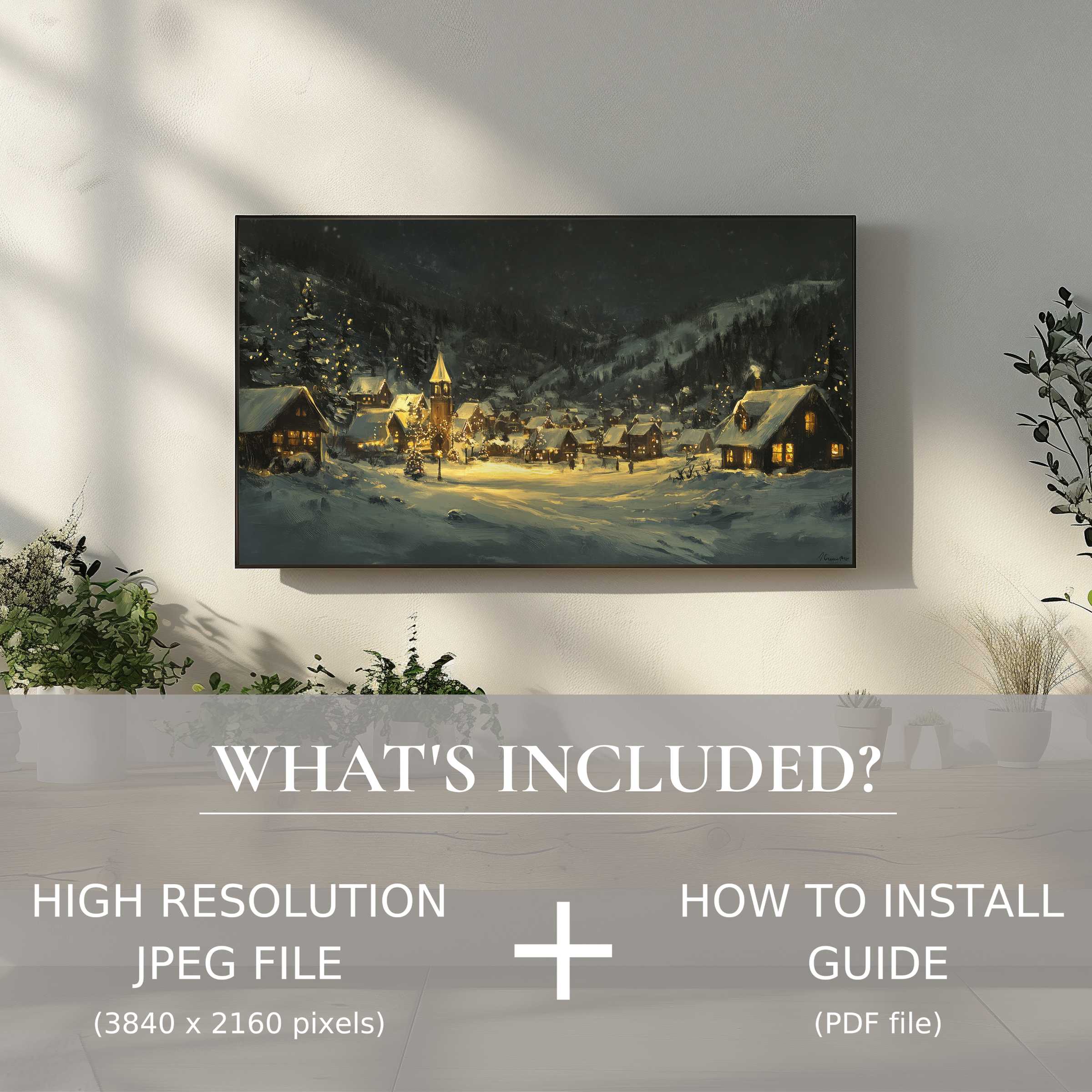 Elegant christmas digital TV art download showcases cozy winter village, enhancing living space with effortless digital charm