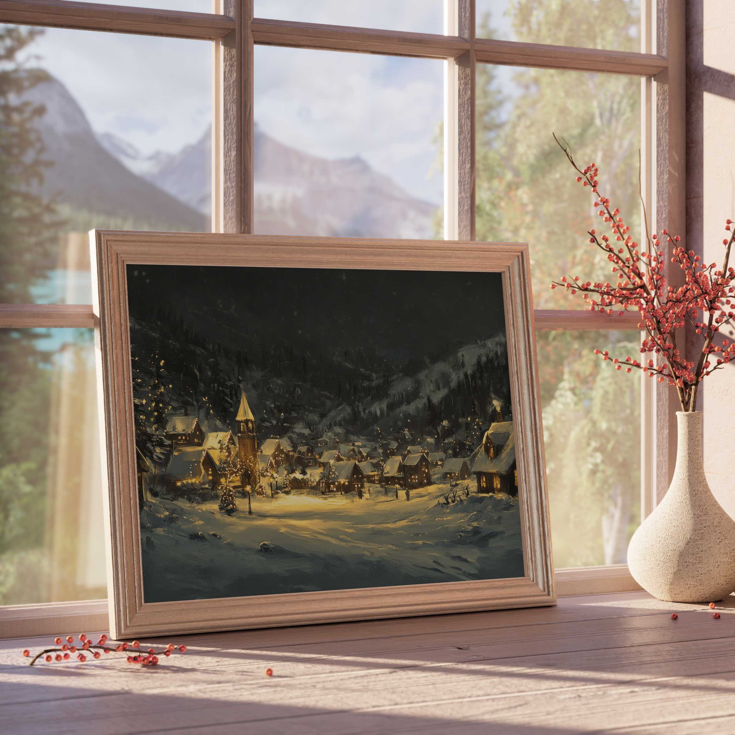 Christmas downloadable art capturing a tranquil snowy village at night, warm lights glowing in a framed design-forward setting
