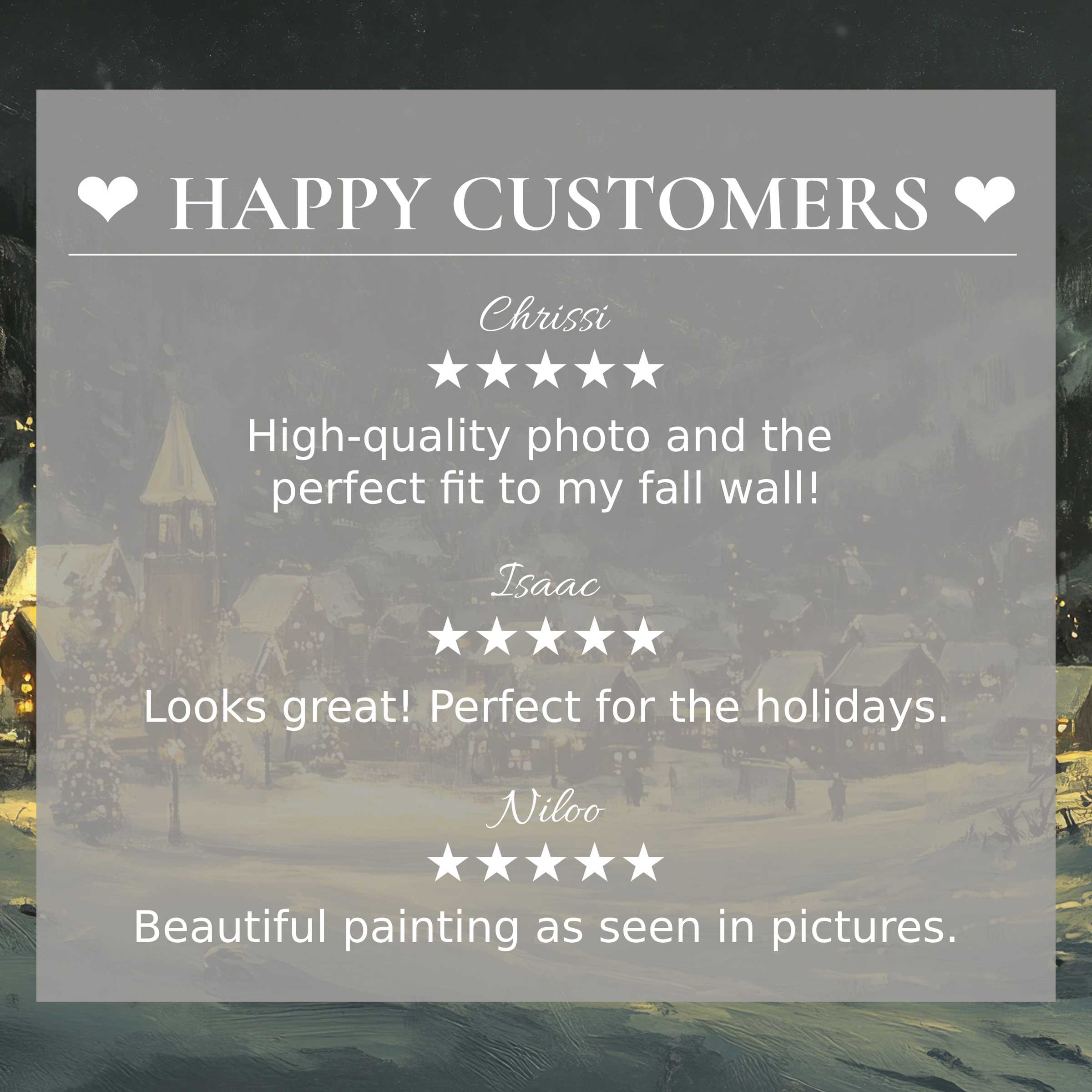Christmas art for Frame TV with winter village background; layout highlights happy customer reviews and elegant style