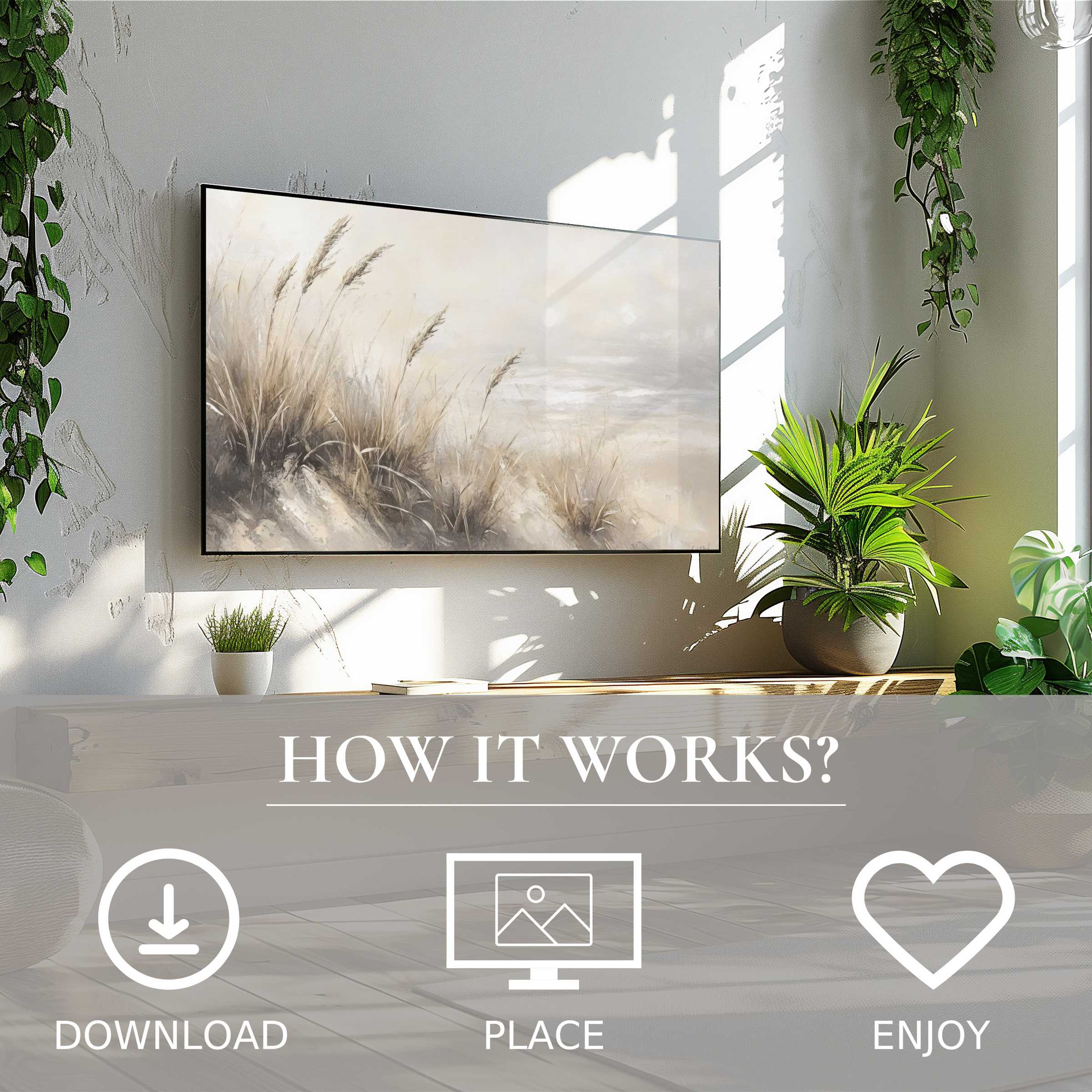 Summer art for Samsung TV shows soft sunset tones with dune grass, easy digital download enriches the airy living space