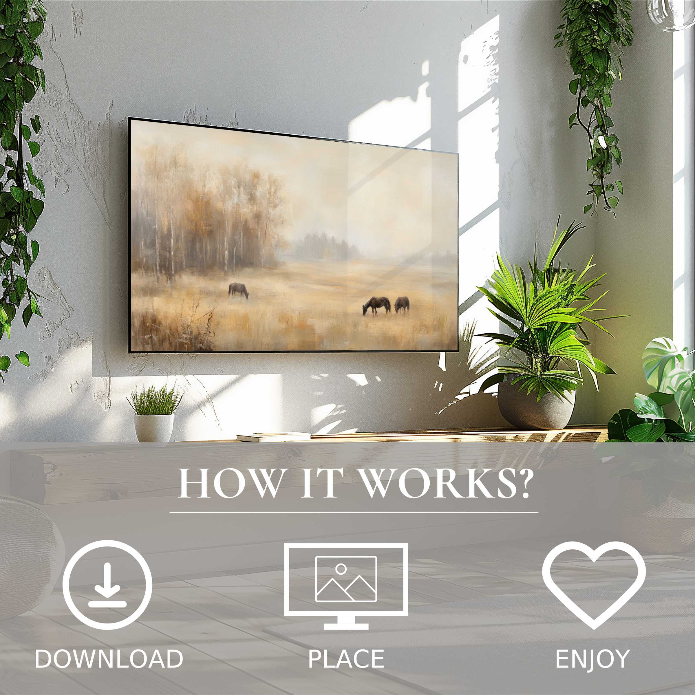 Vintage art for Samsung TV shows soft autumn tones with grazing horses, easy digital download enriches your modern space