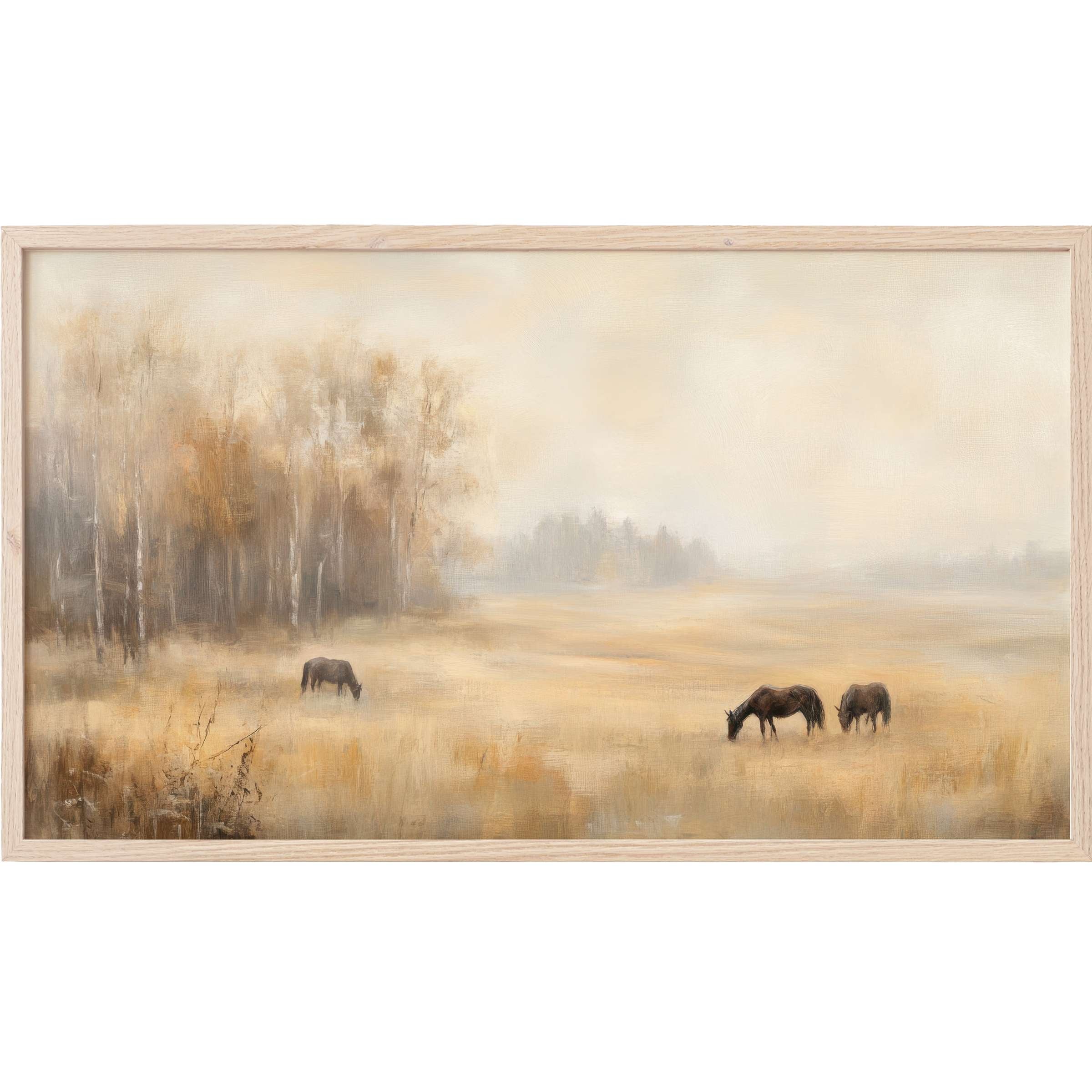 Serene vintage Frame TV Art with muted earth tones portraying grazing horses in a misty, softly textured landscape