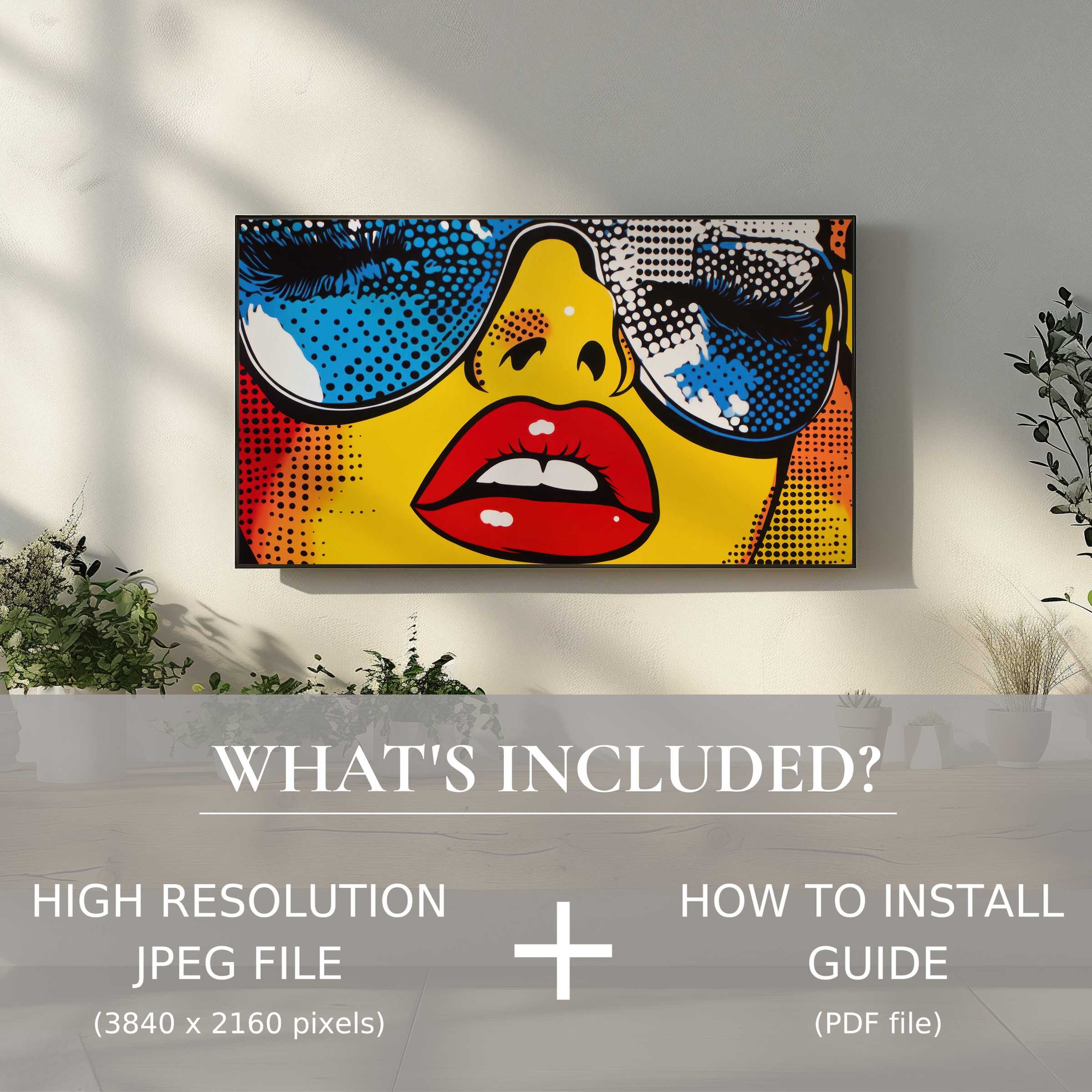 Elegant pop art digital TV art download brightens modern living spaces with vibrant, easy-to-use high-res digital files