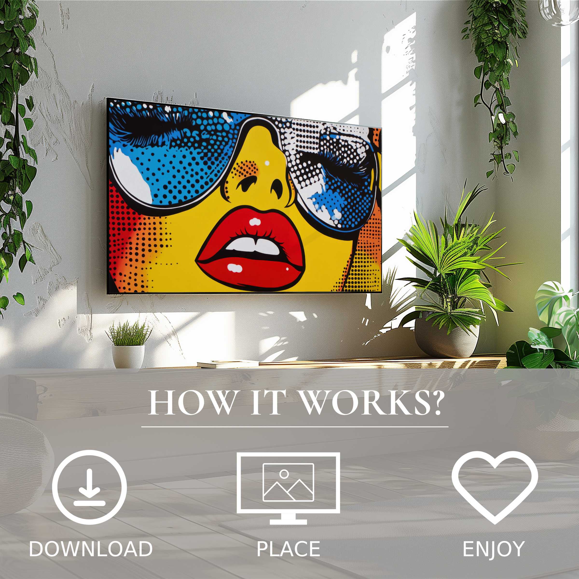 Pop art art for Samsung TV in a bright room, easy digital download; bold face with vibrant color flow enriches space