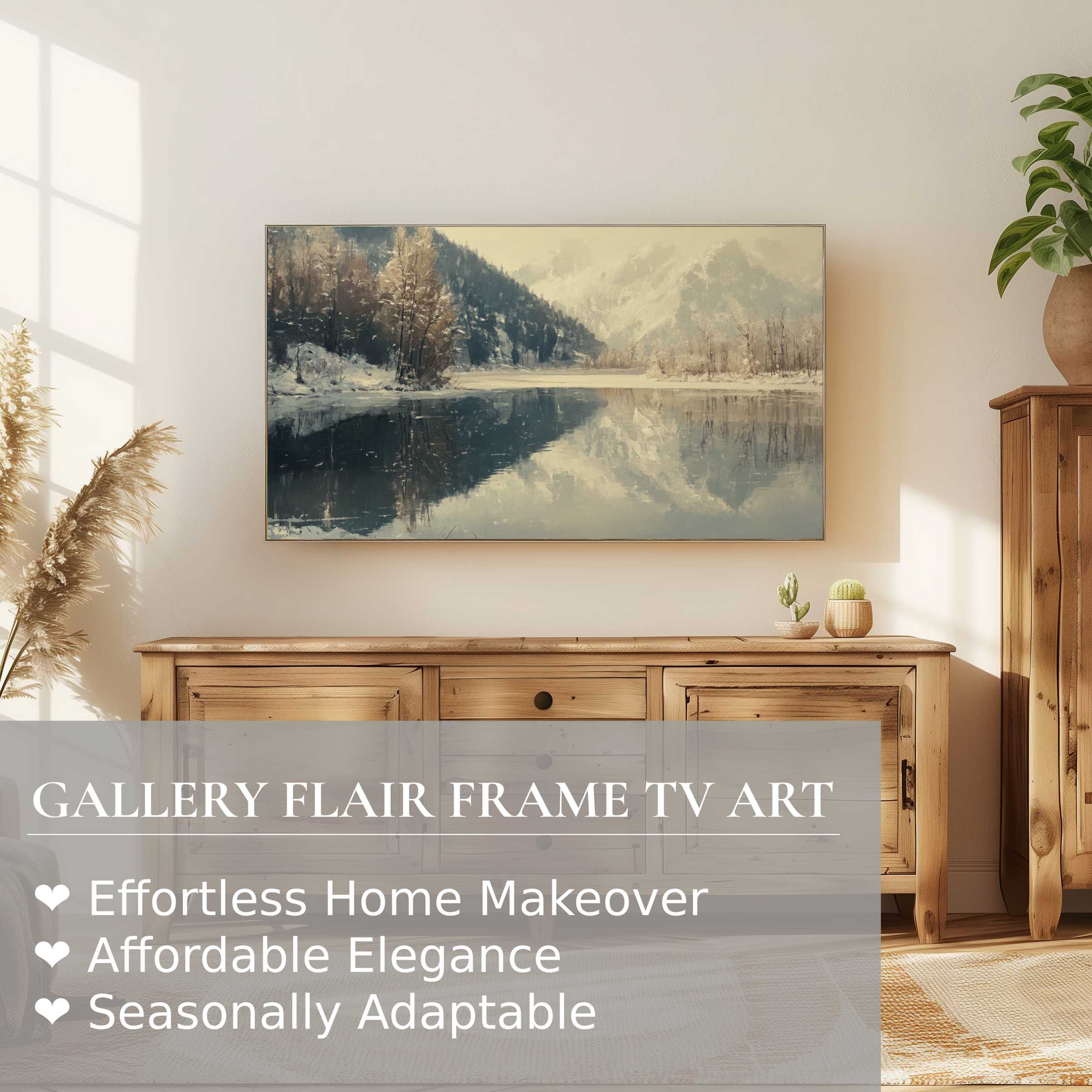 Samsung Frame TV showcasing serene winter digital artwork in a modern, warm living room with natural wood accents