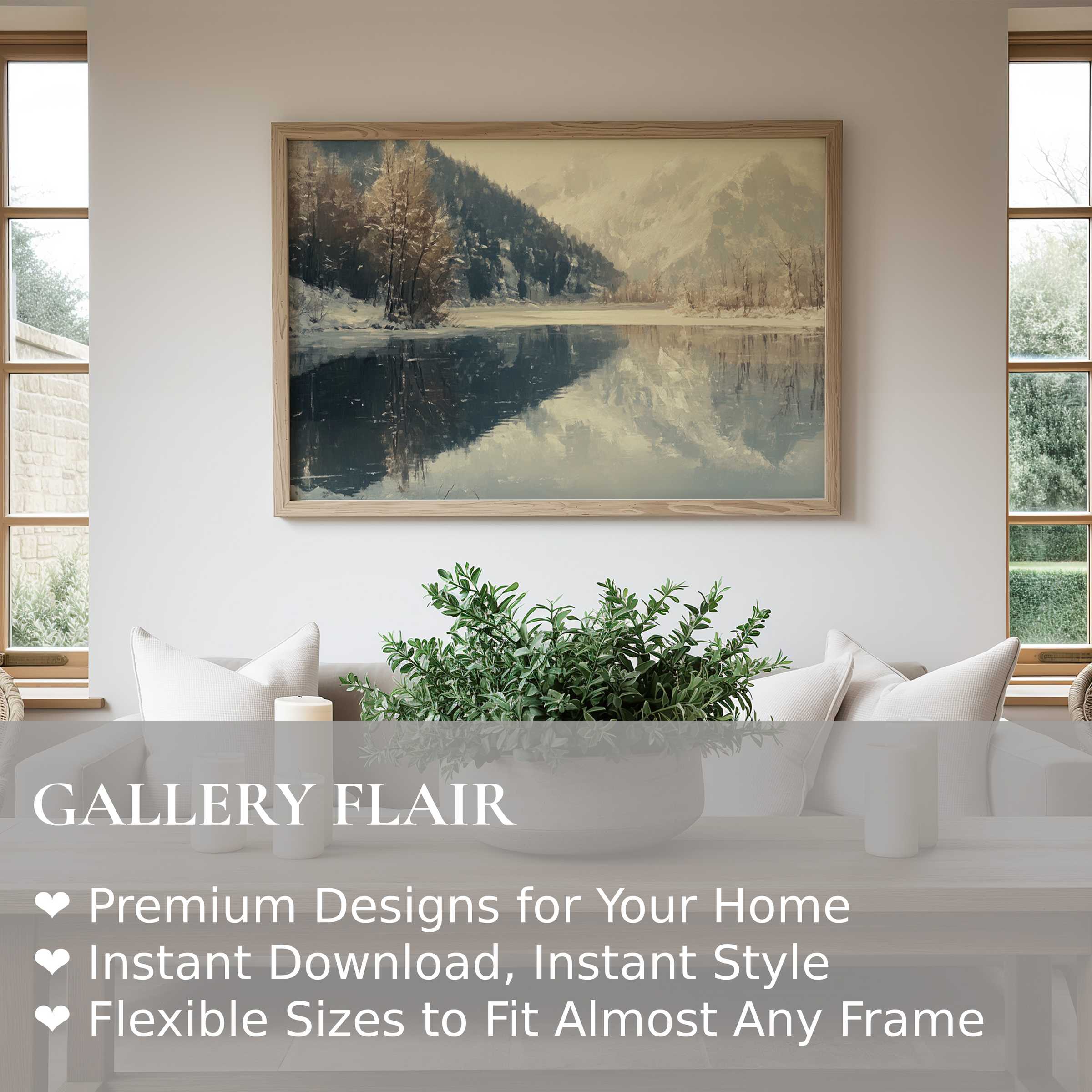 Serene winter wall art print capturing a tranquil snowy forest reflected on calm waters, enriching modern minimalist interiors with soft, calming elegance