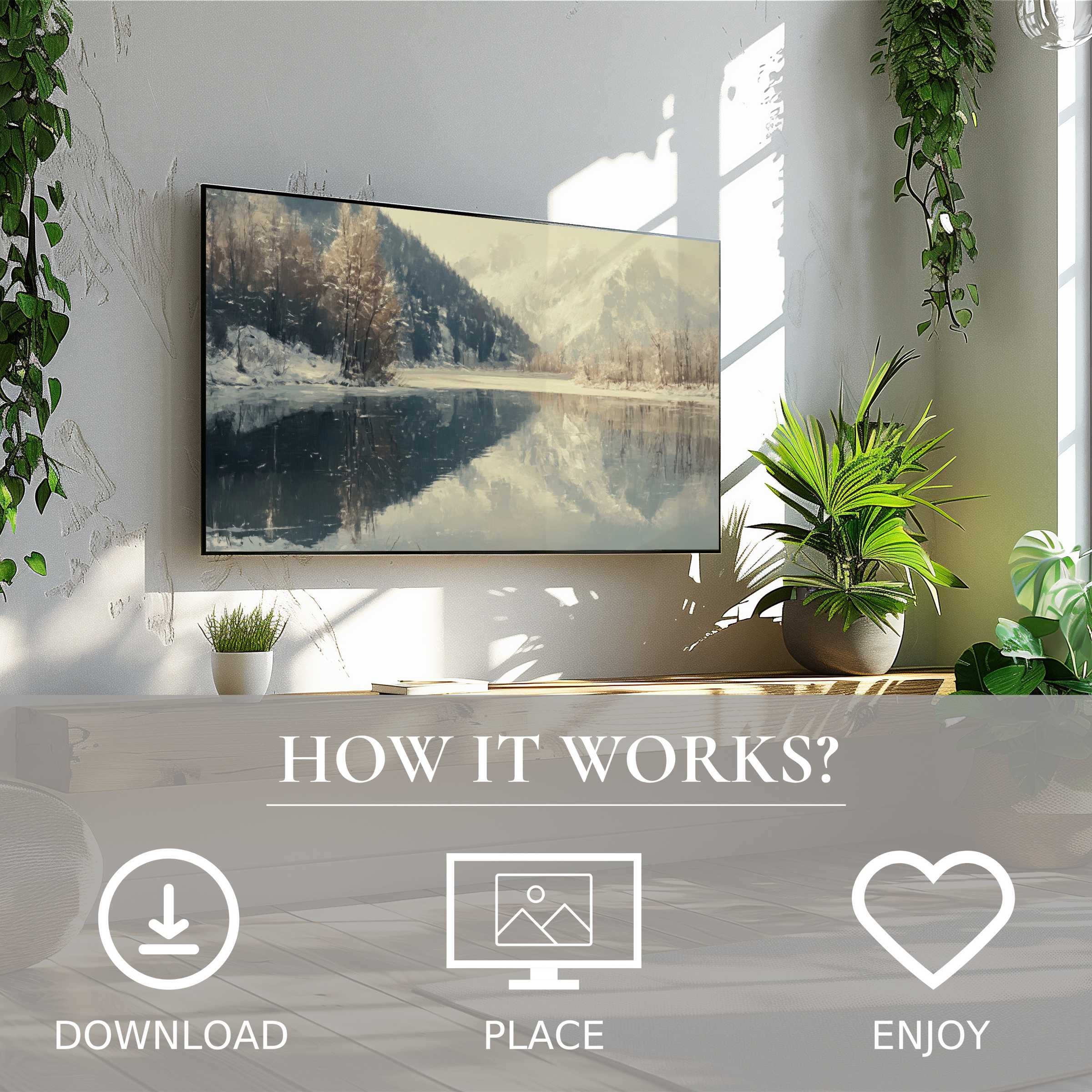 Winter art for Samsung TV shows soft snowy lake tones; easy digital download enriches modern living spaces