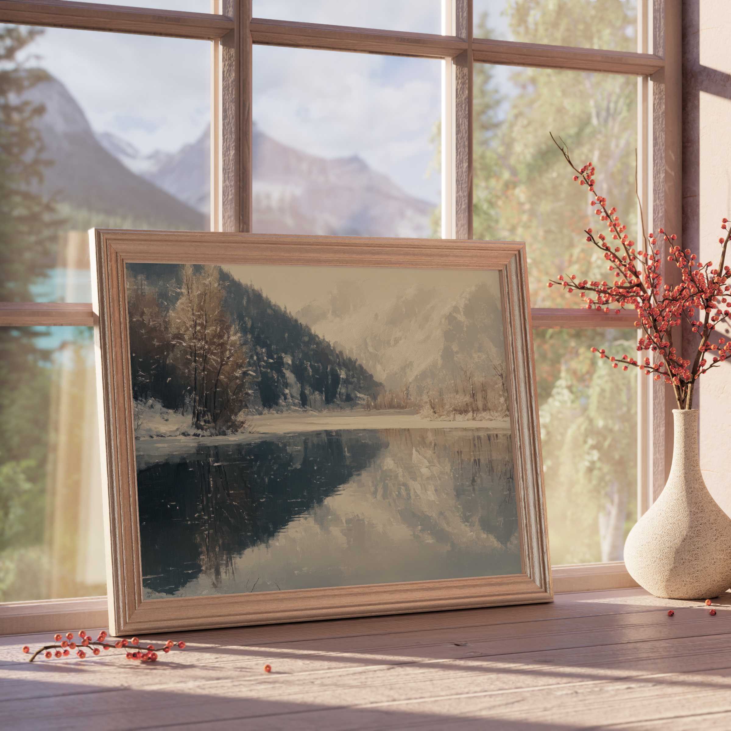 Winter downloadable art capturing serene snowy landscapes, elevating elegant interiors with tranquil, curated alpine charm