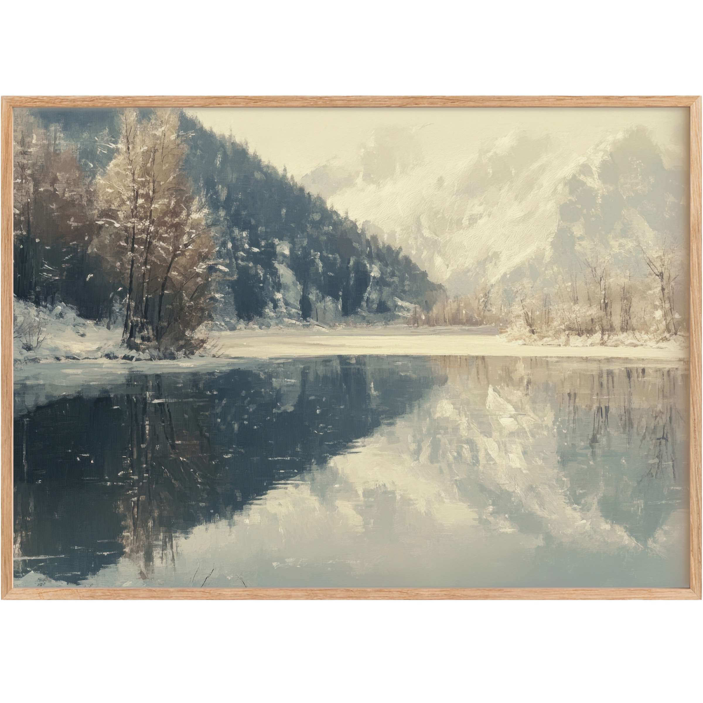 Winter printable wall art evokes serene reflections with muted blues and soft creams, enriching sophisticated interiors