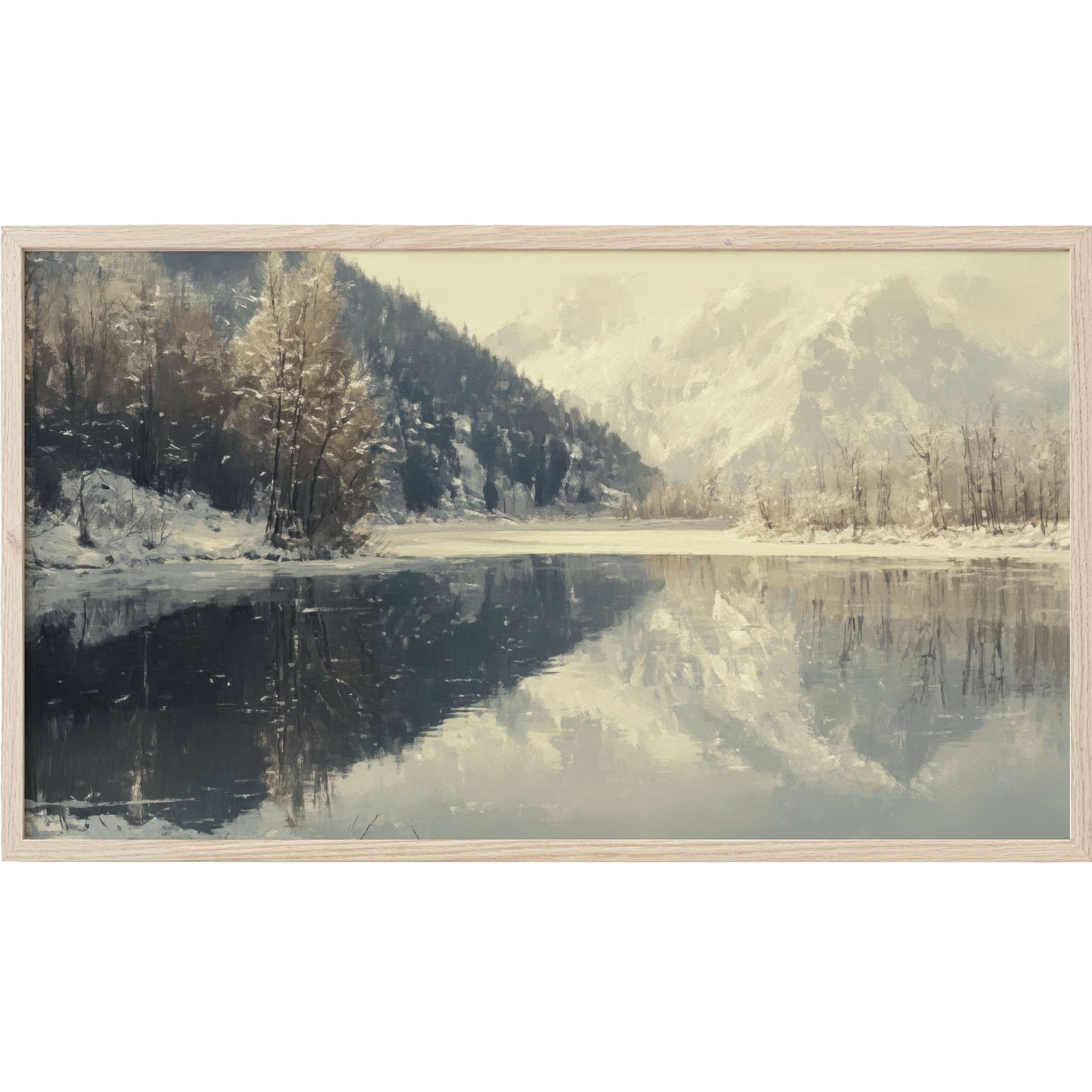 Serene winter landscape in muted grays and creams with reflective water, a tranquil winter Frame TV Art