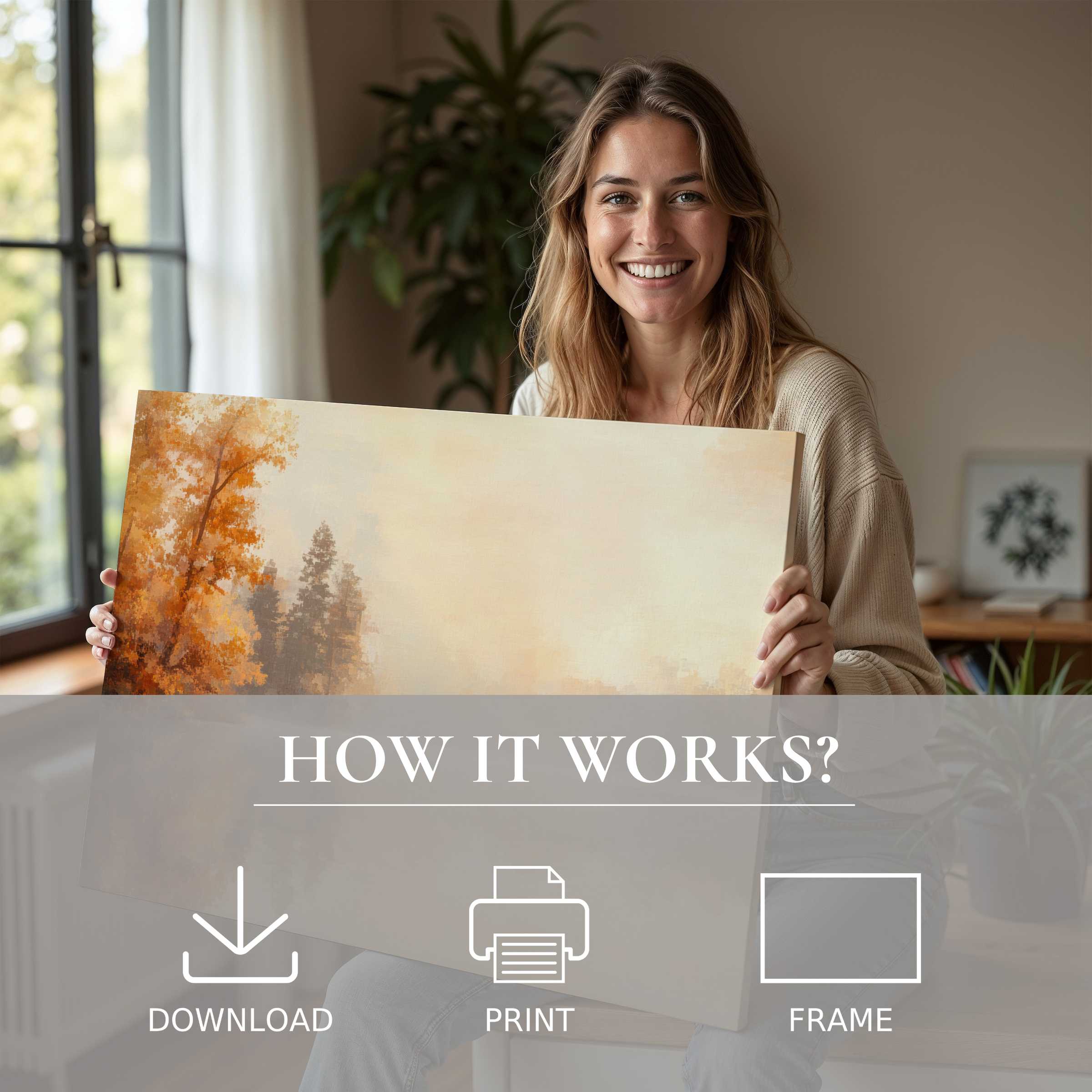 A fall digital art print radiates warmth and calm as it softly illuminates a modern, stylish home, embodying ease and joy in living with art