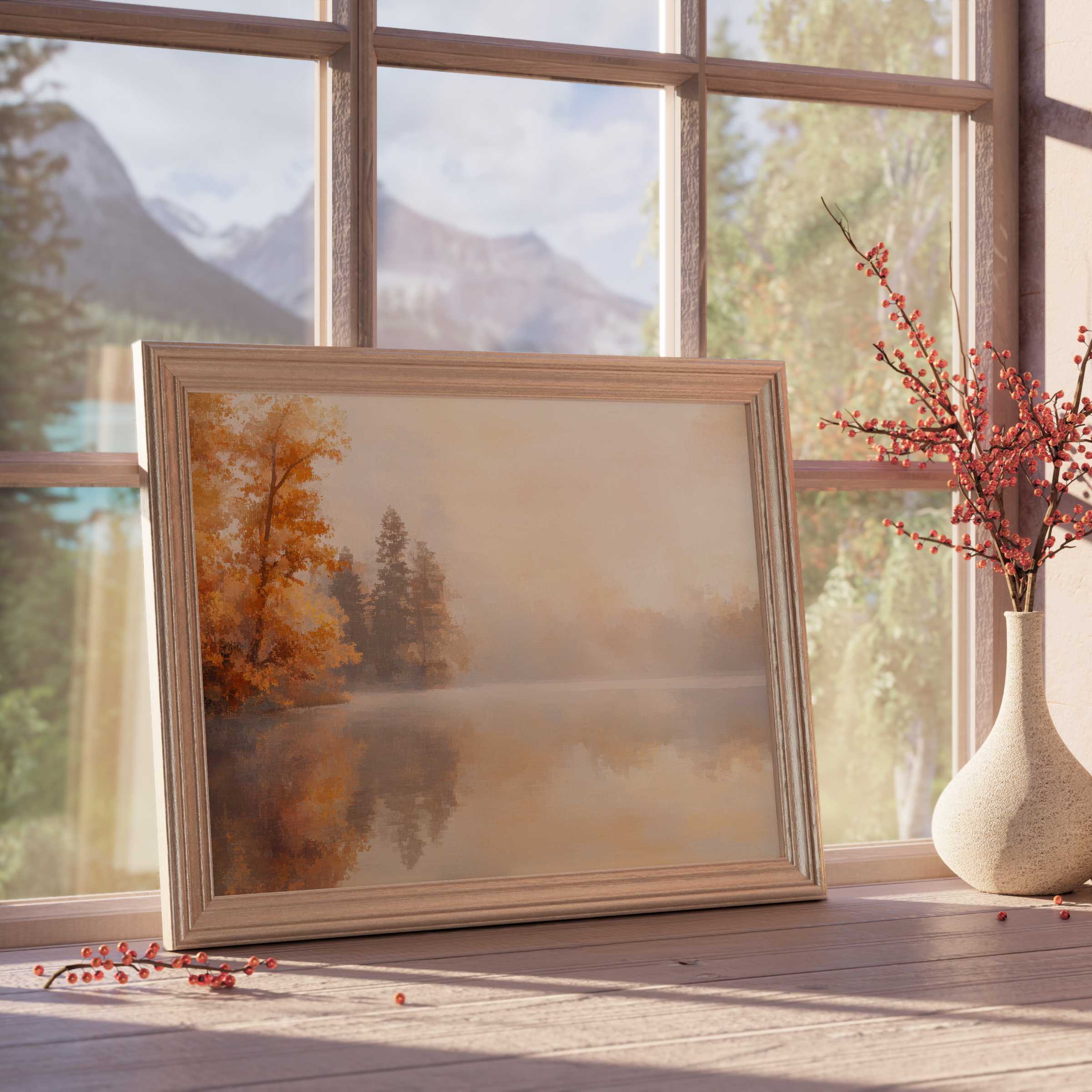 Fall downloadable art capturing serene misty lake reflections in warm amber tones, perfect for curated, tranquil premium home decor