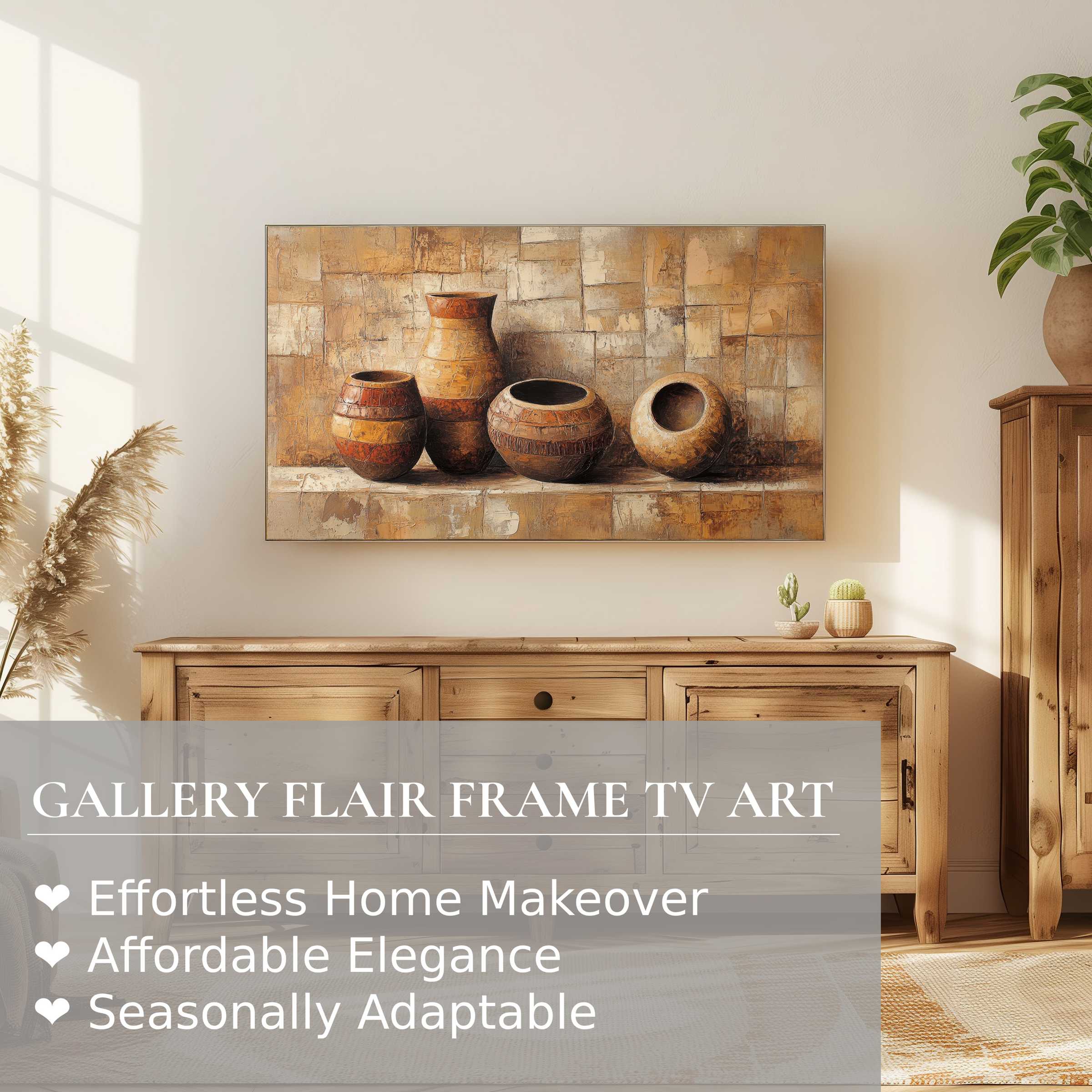 Samsung Frame TV displays warm boho digital artwork of textured pottery in a sunlit, elegant, wood-accented living space