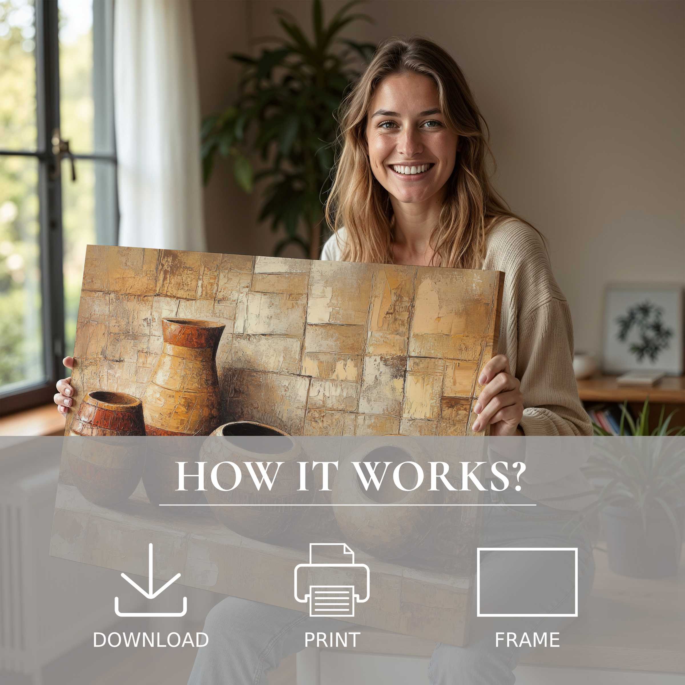 Radiate warmth and joy with this boho digital art print, capturing effortless elegance in modern living spaces