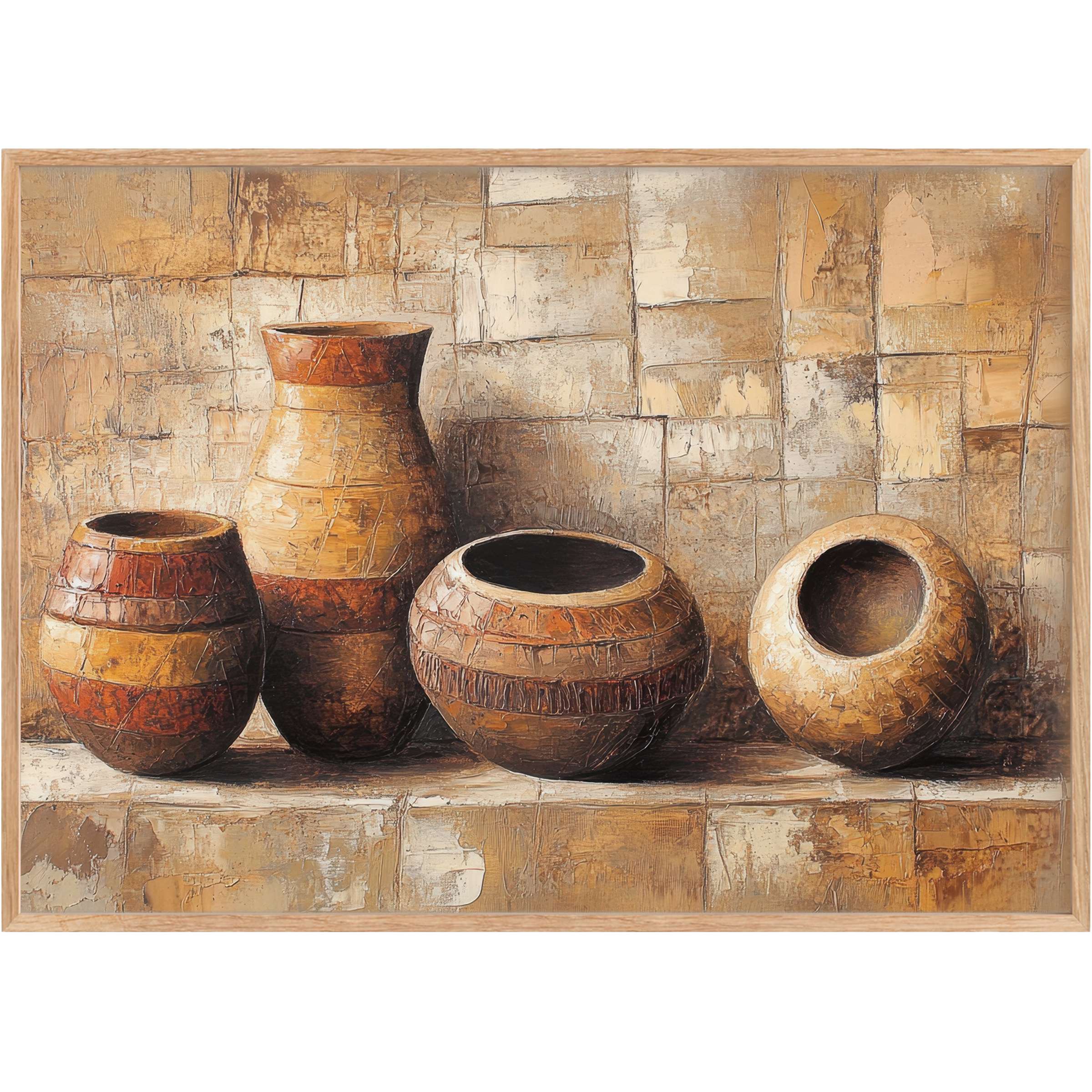 Boho printable wall art featuring textured earthen pots in warm ochre and amber tones, evoking a serene, grounded ambiance