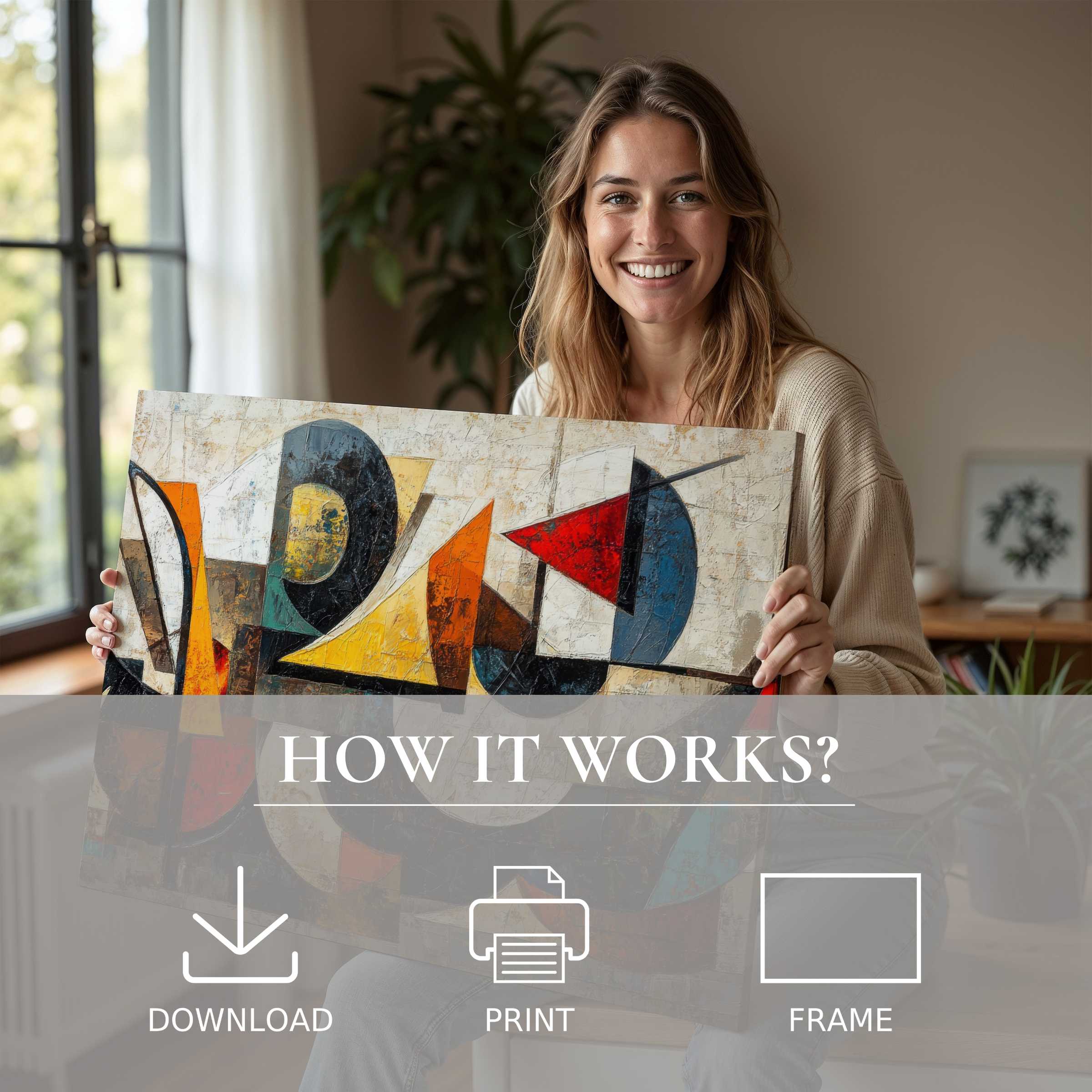 Radiant joy in a modern digital art print enriches this serene home, celebrating effortless elegance through vibrant abstract forms