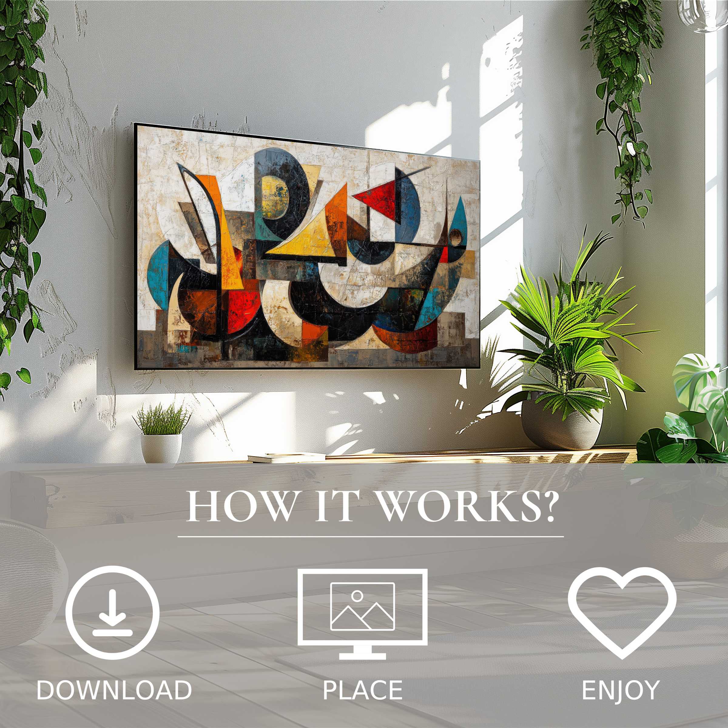 Modern art for Samsung TV with bold geometric shapes, easy digital download enhances stylish, green-filled living spaces