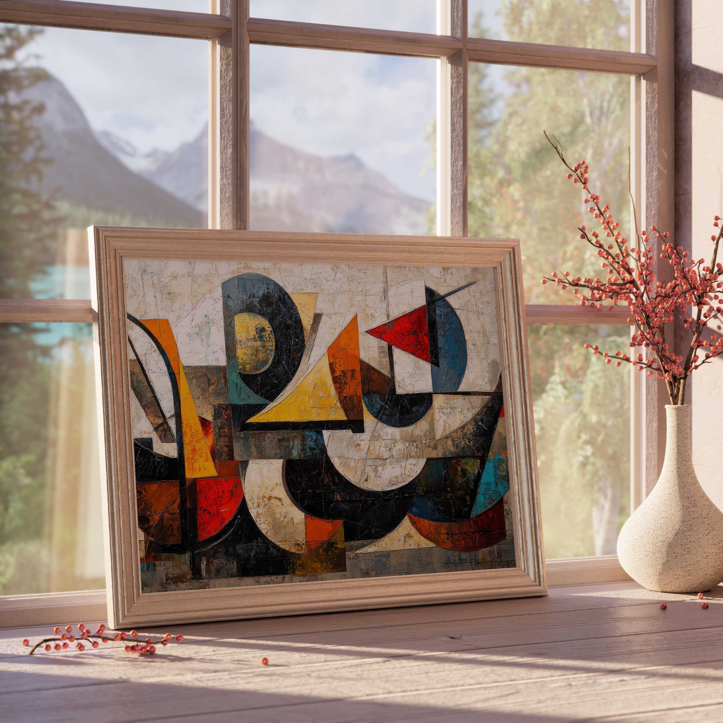 Modern downloadable art in bold geometric abstraction, enriching refined interiors with vibrant, curated warmth and timeless sophistication