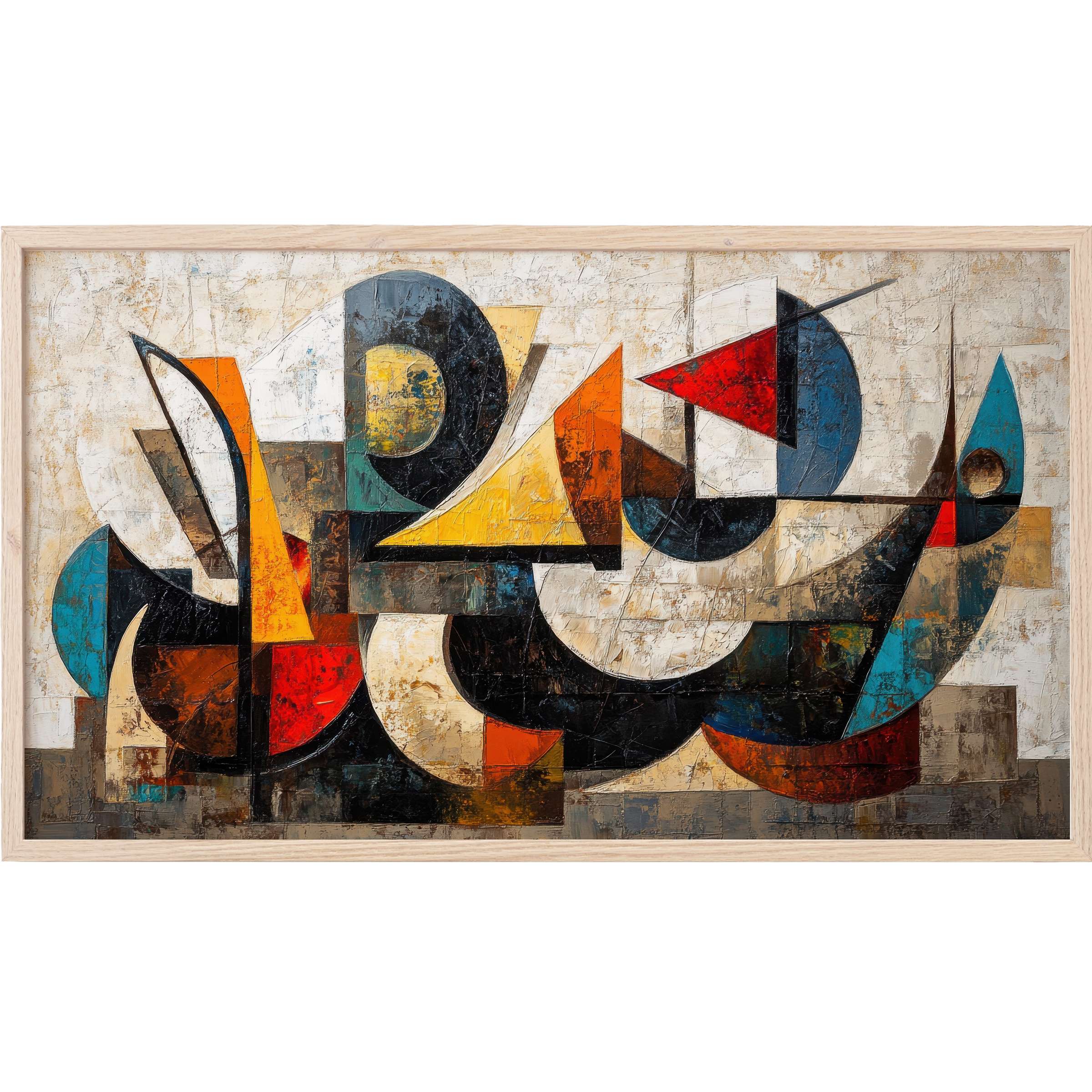Abstract geometric shapes in rich ochre, teal, black, and red on textured cream - modern Frame TV Art for chic spaces