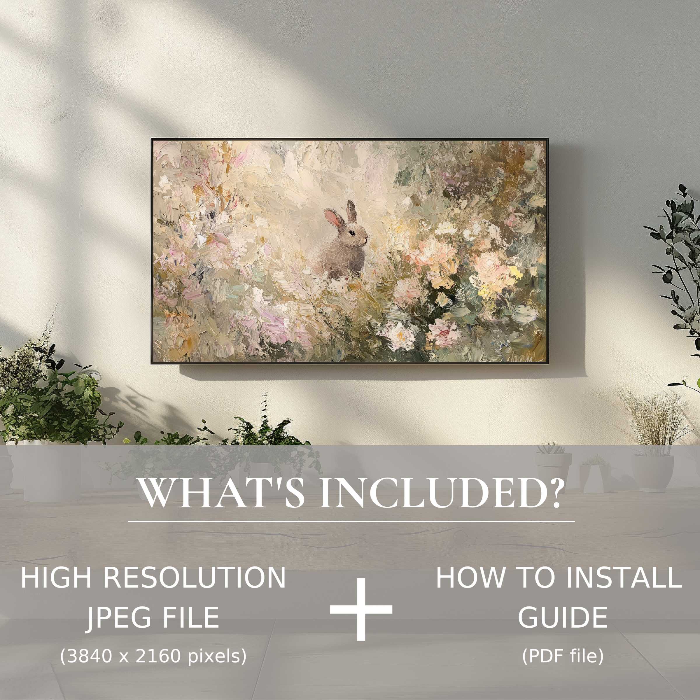 Elegant easter digital TV art download featuring soft florals and a rabbit, transforming your space with effortless digital style