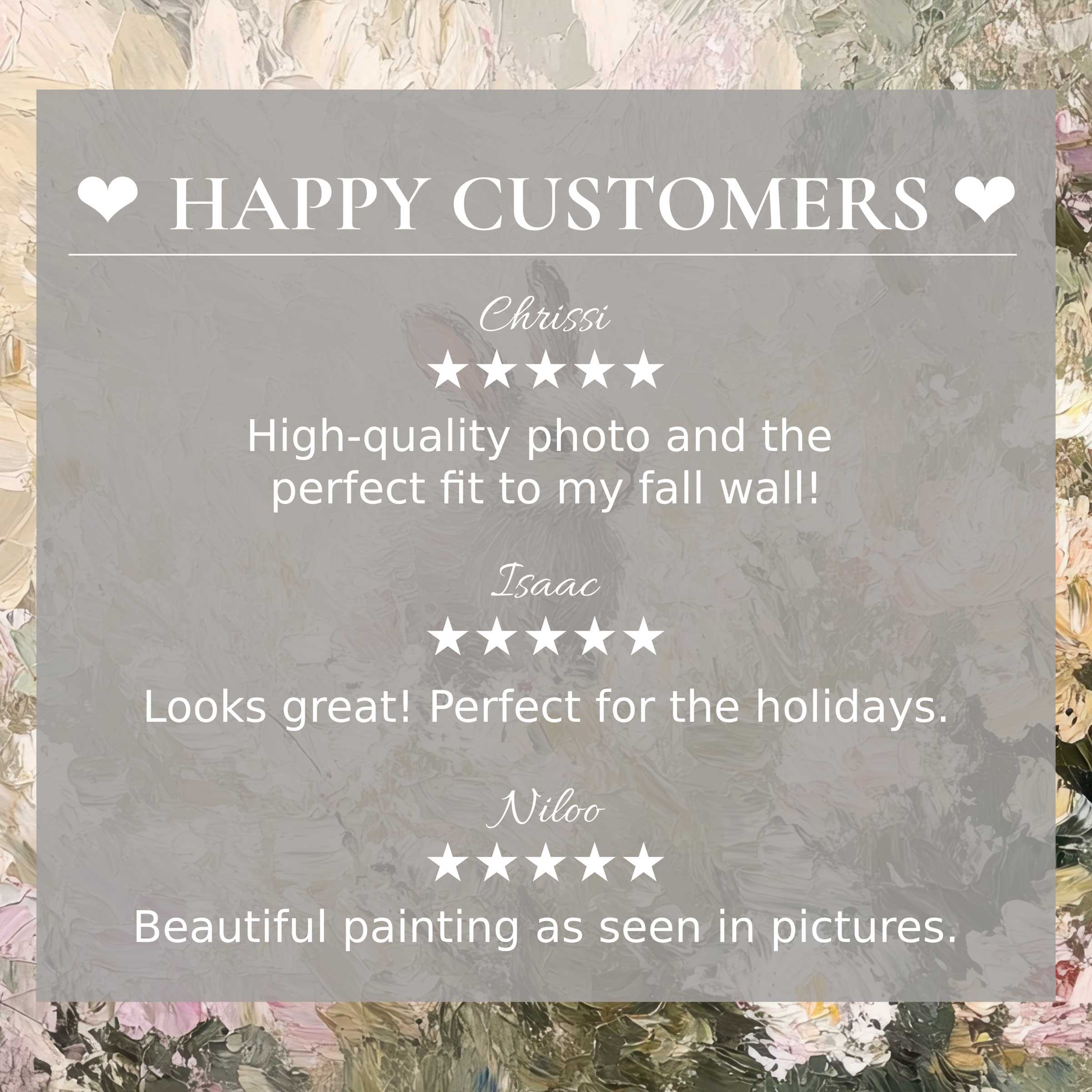 Easter art for Frame TV with elegant floral background, showcasing happy customer reviews and refined trust