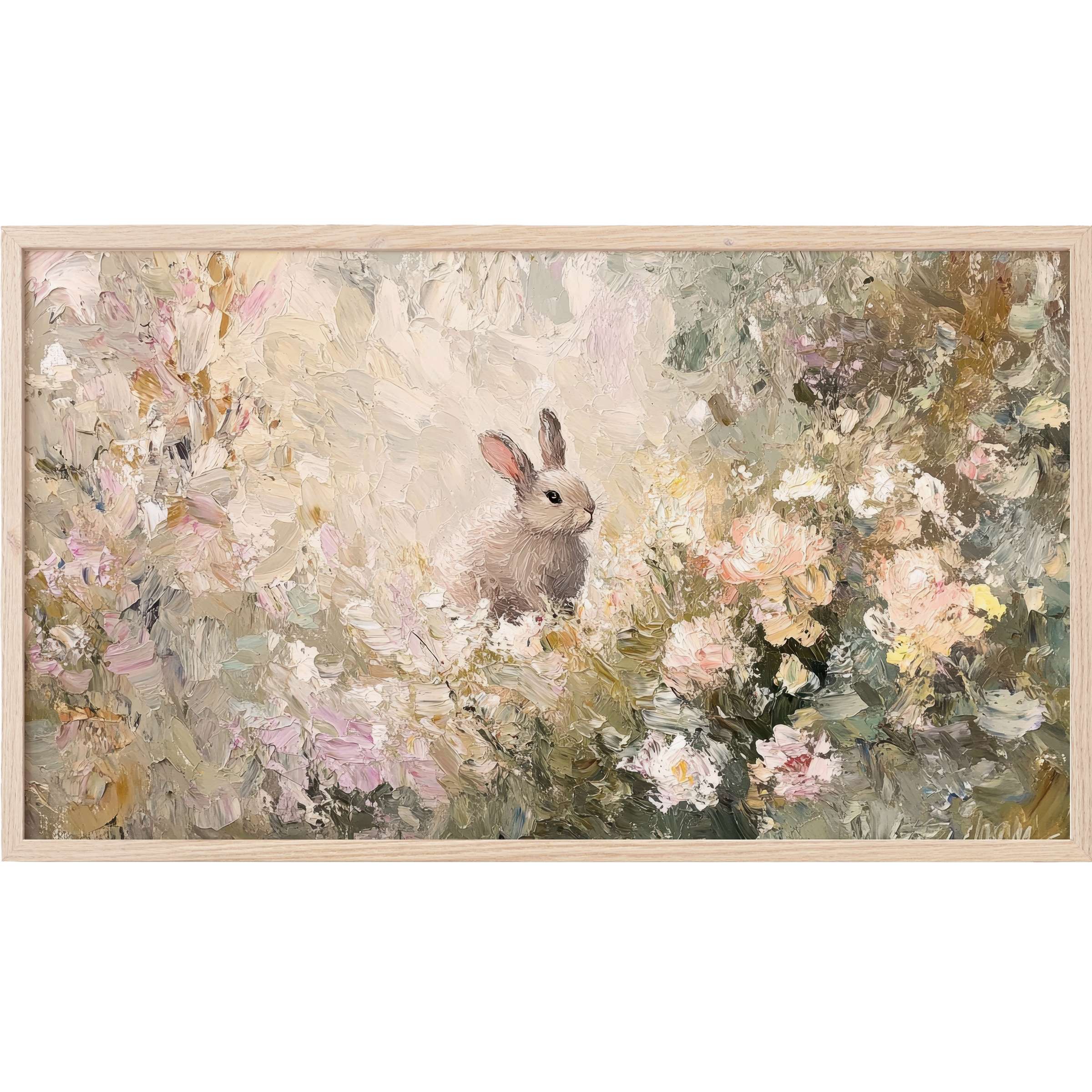 Soft pastel florals and a delicate bunny blend in textured brushstrokes for elegant easter Frame TV Art