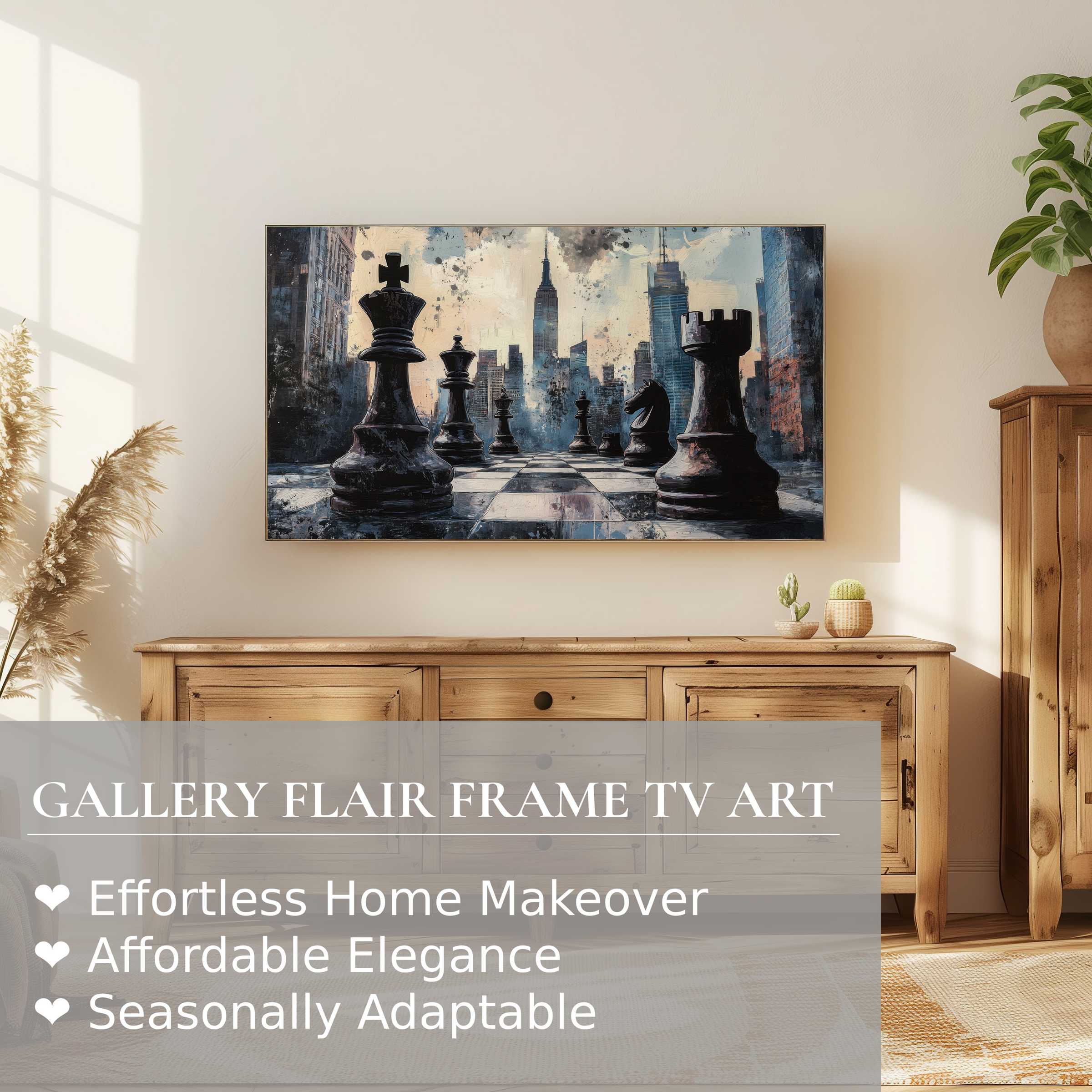 Samsung Frame TV displaying striking street art digital artwork of chess pieces in a modern urban setting