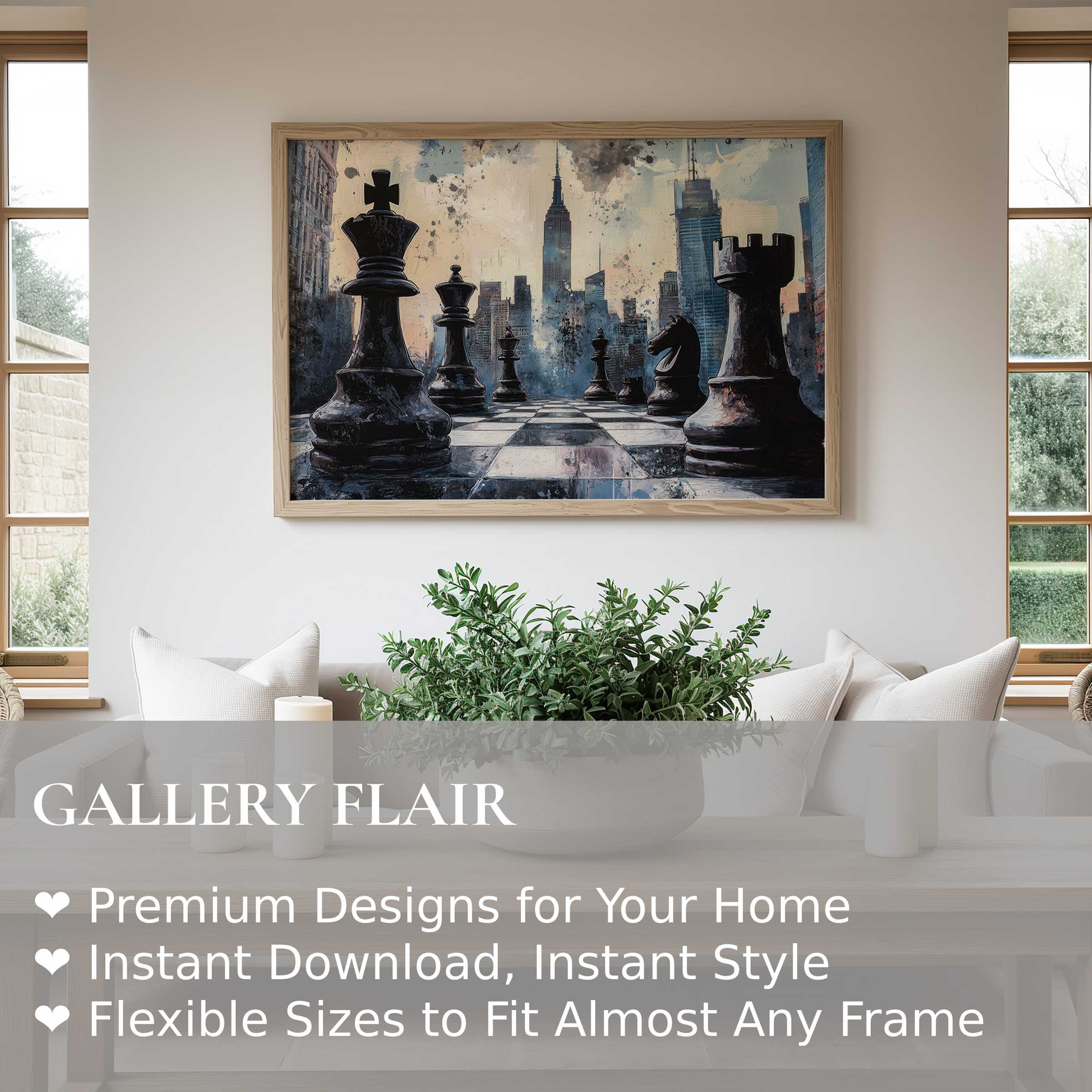 Bold street art wall art print featuring a dramatic chess scene against a moody cityscape, elevating contemporary minimalist interiors with dynamic urban edge
