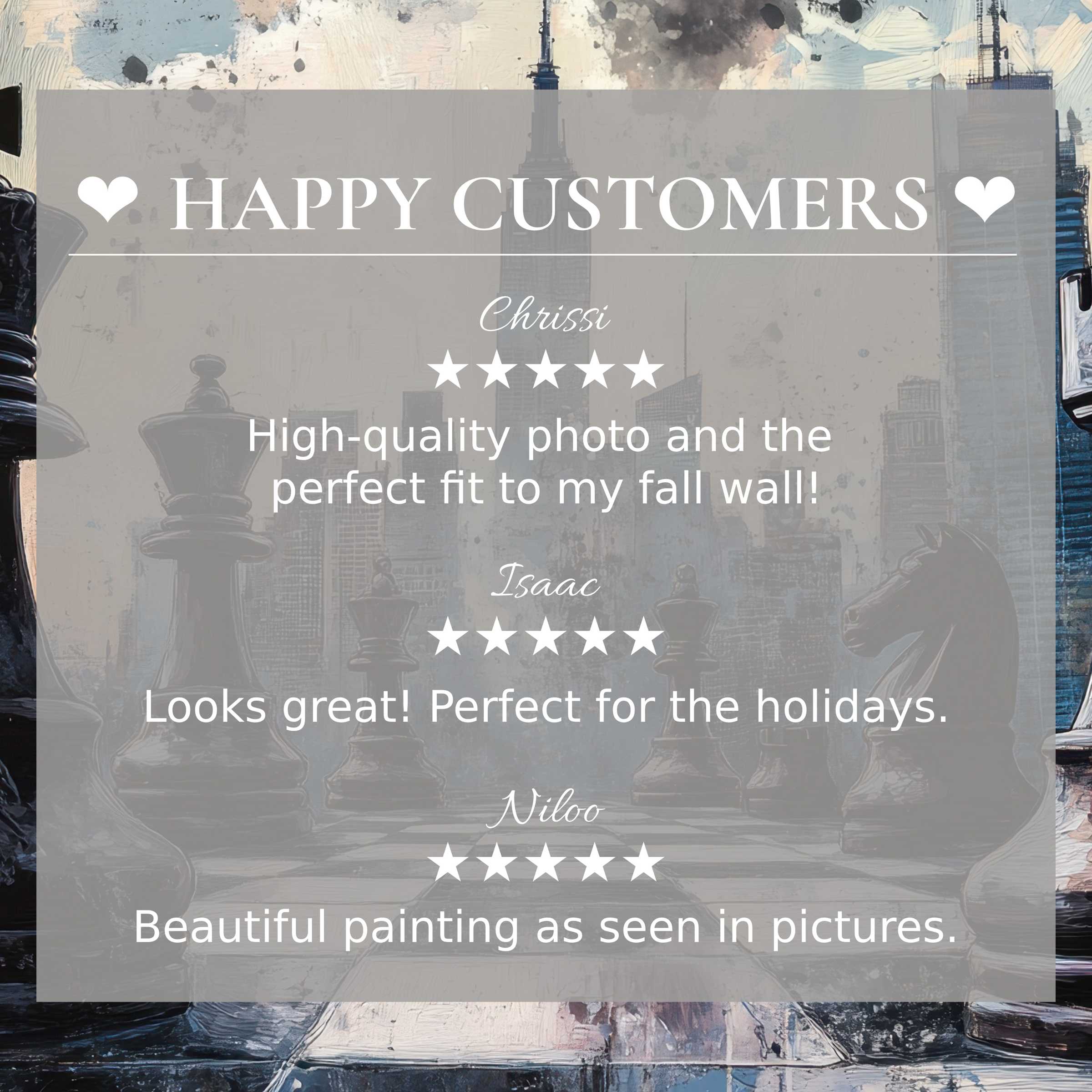 Street art for Frame TV with abstract cityscape background, showcasing elegant design and happy customer reviews