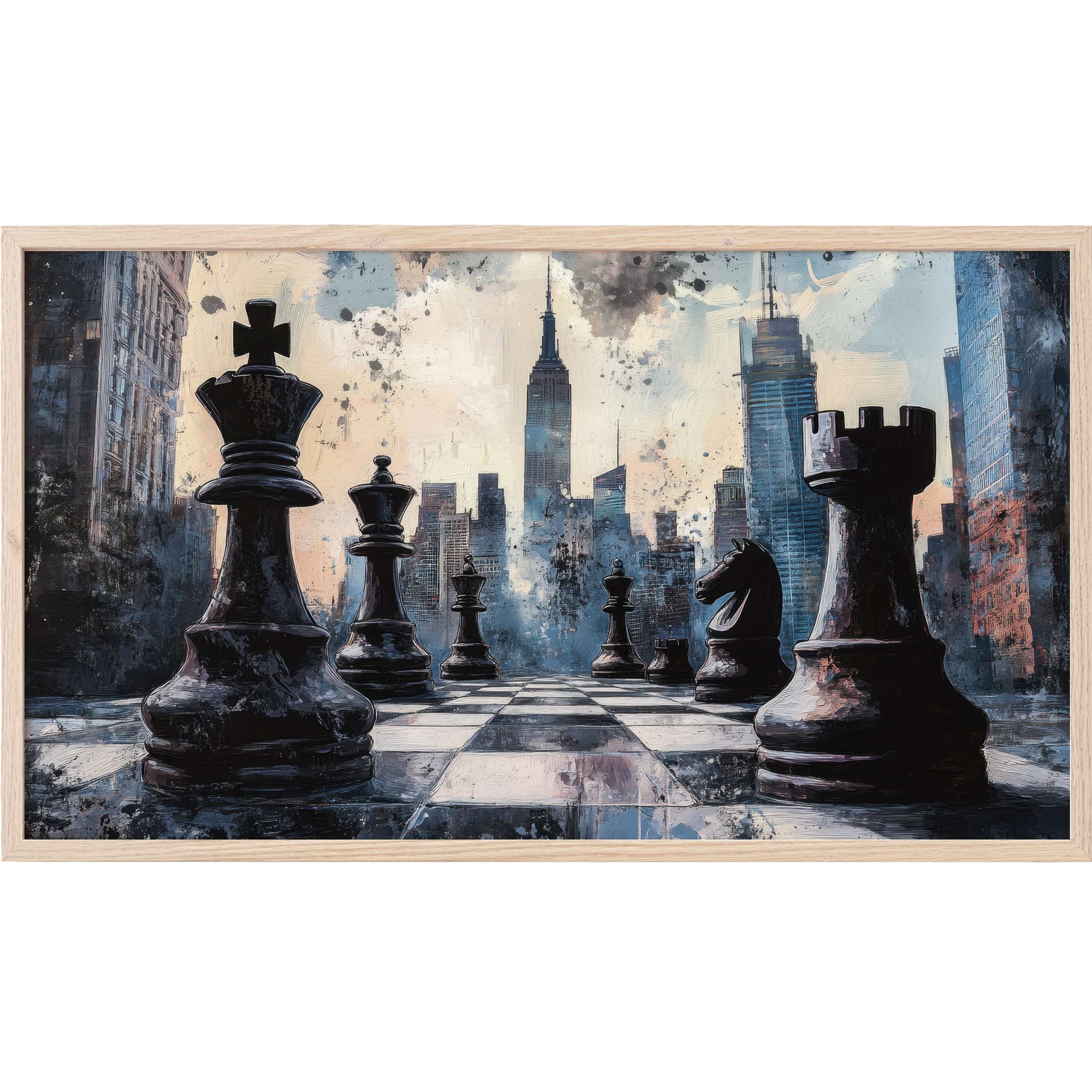 Street art Frame TV Art of oversized black chess pieces with a moody urban skyline in muted blues and grays