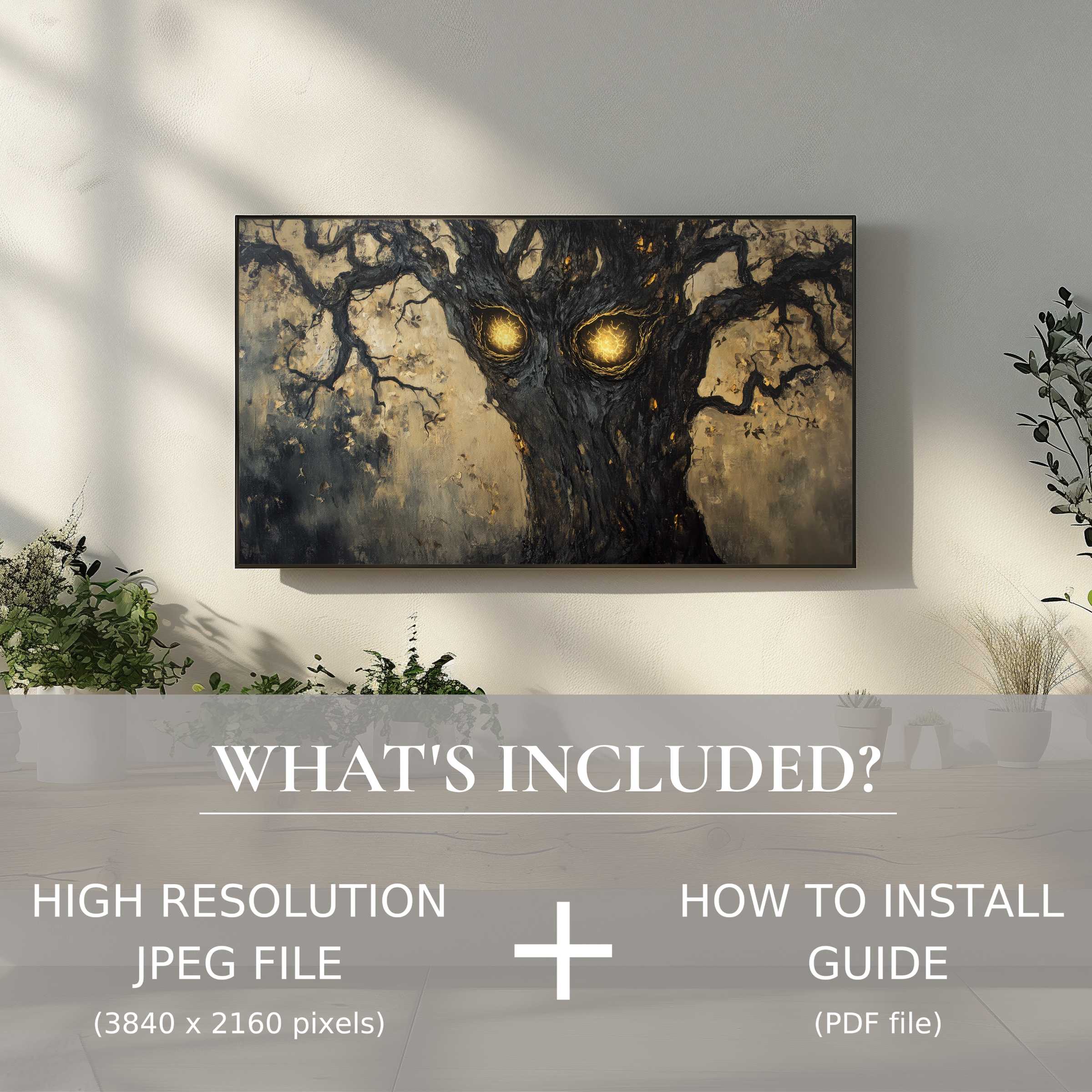 Elegant living space featuring easy-to-use halloween digital TV art download enhancing ambiance with striking, high-resolution eerie tree design