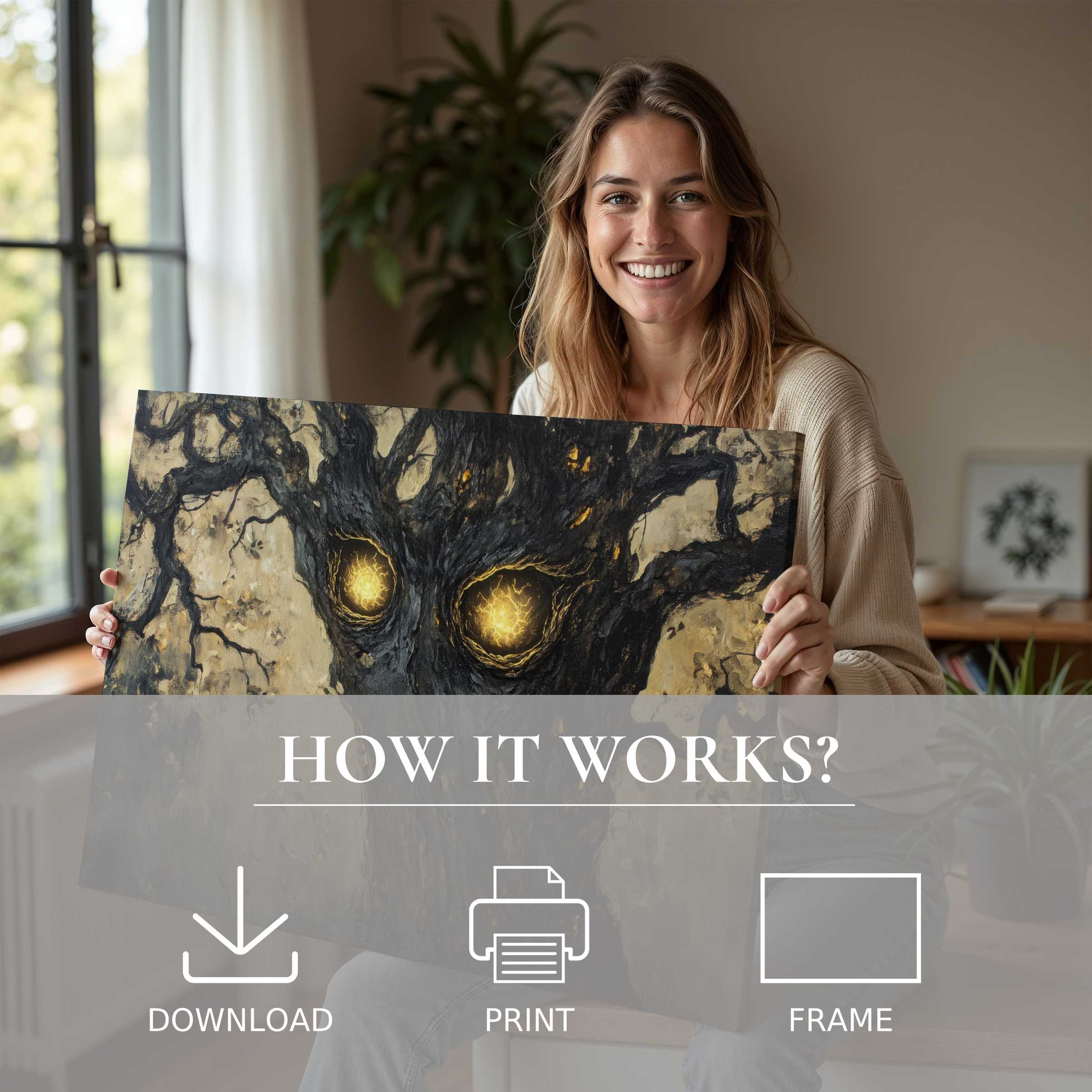 Elegant halloween digital art print glowing with golden eyes, embraced in a serene modern home, inspiring connection and joy