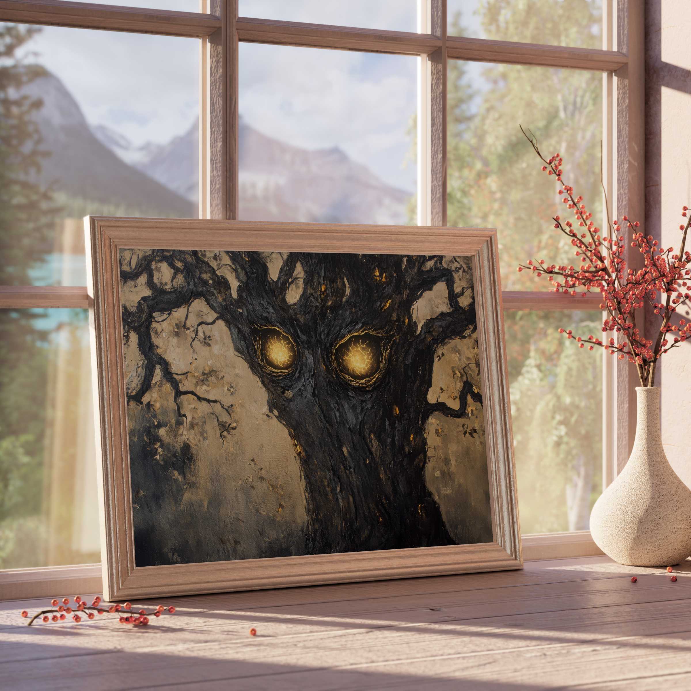 Halloween downloadable art featuring a haunting tree with glowing eyes, elevating chic autumn interiors with eerie elegance