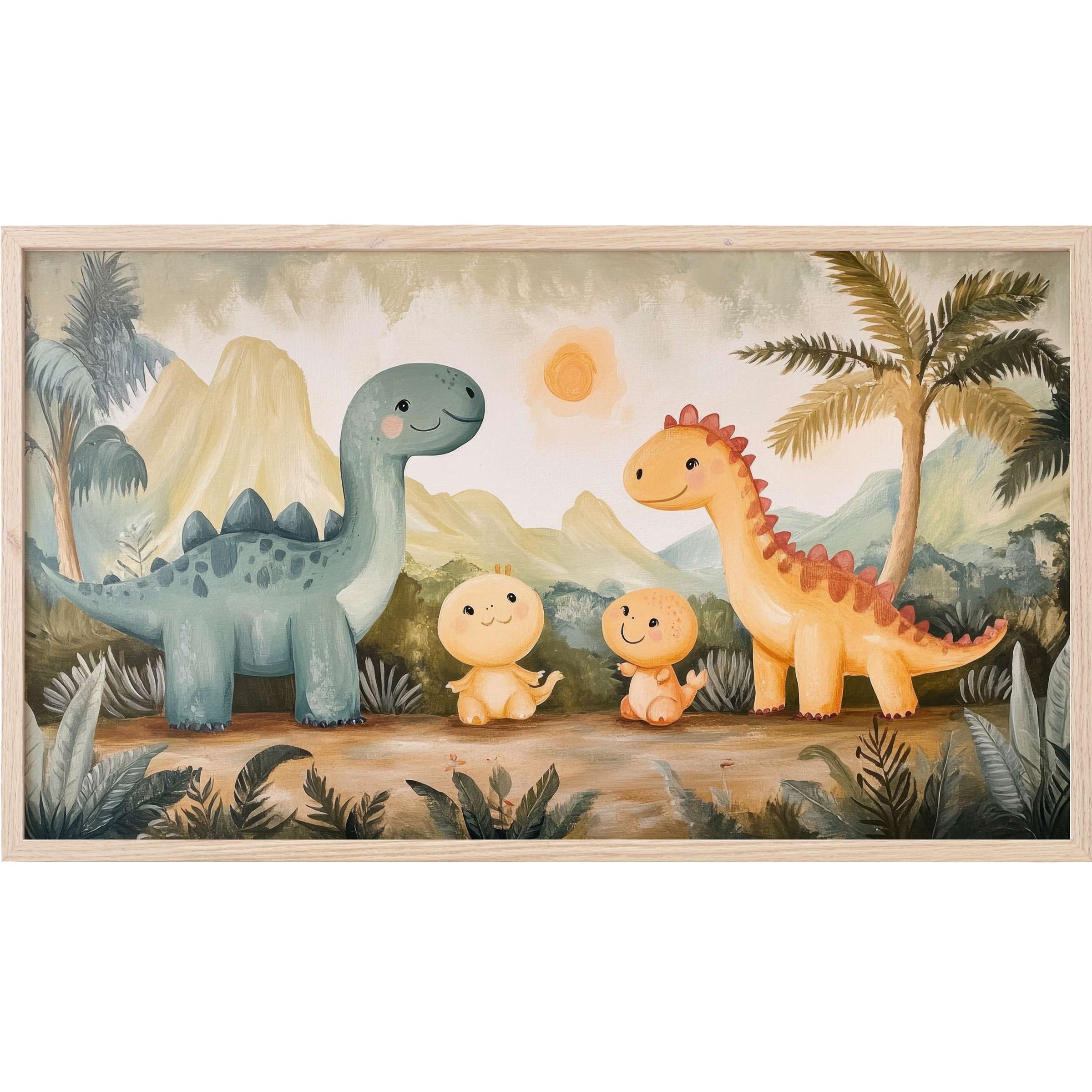 Charming pastel dinosaur family in soft muted greens and oranges, idyllic scene, perfect nursery Frame TV Art