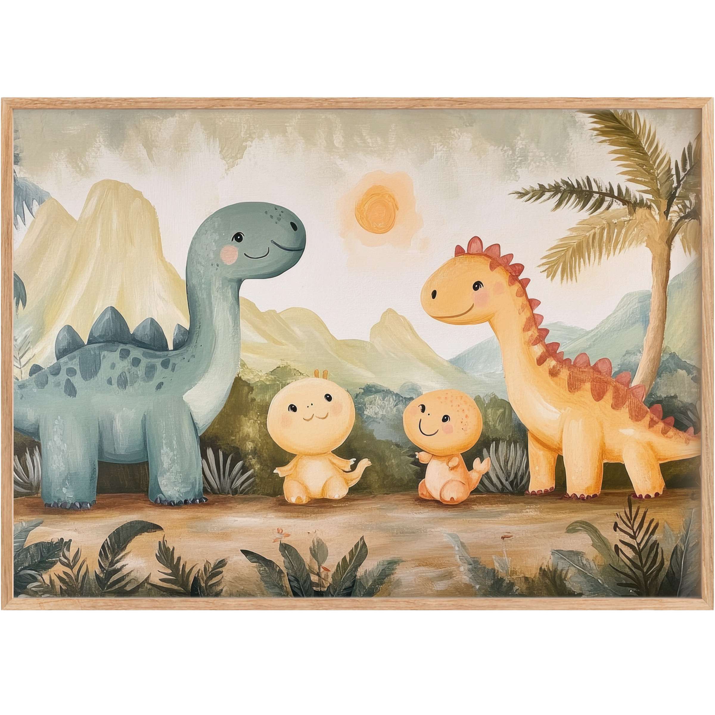 Charming nursery printable wall art featuring gentle dinosaurs in warm ochres and muted greens, creating a serene, joyful ambiance