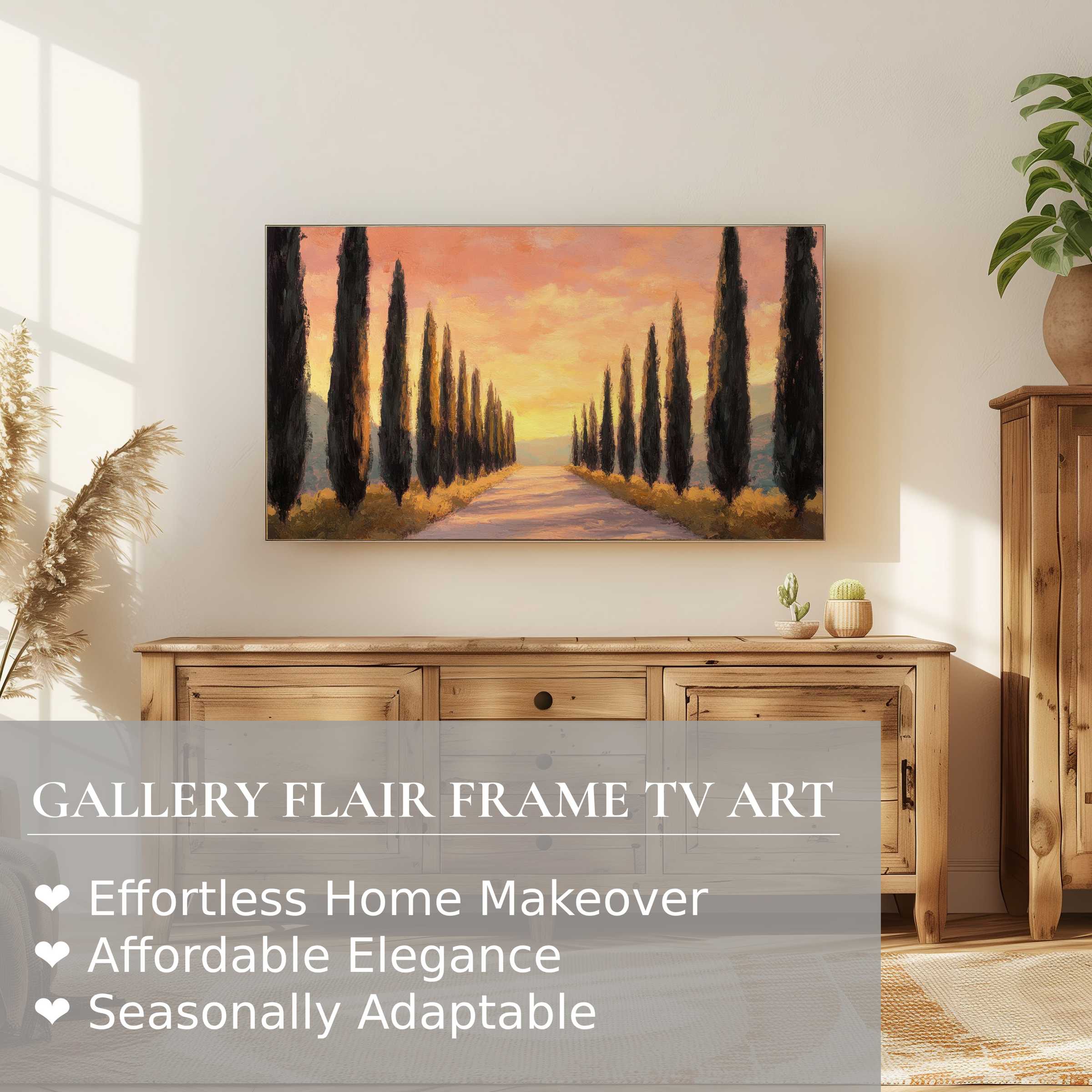 Samsung Frame TV showcasing elegant tree digital artwork with warm sunset tones in a modern, stylish living room