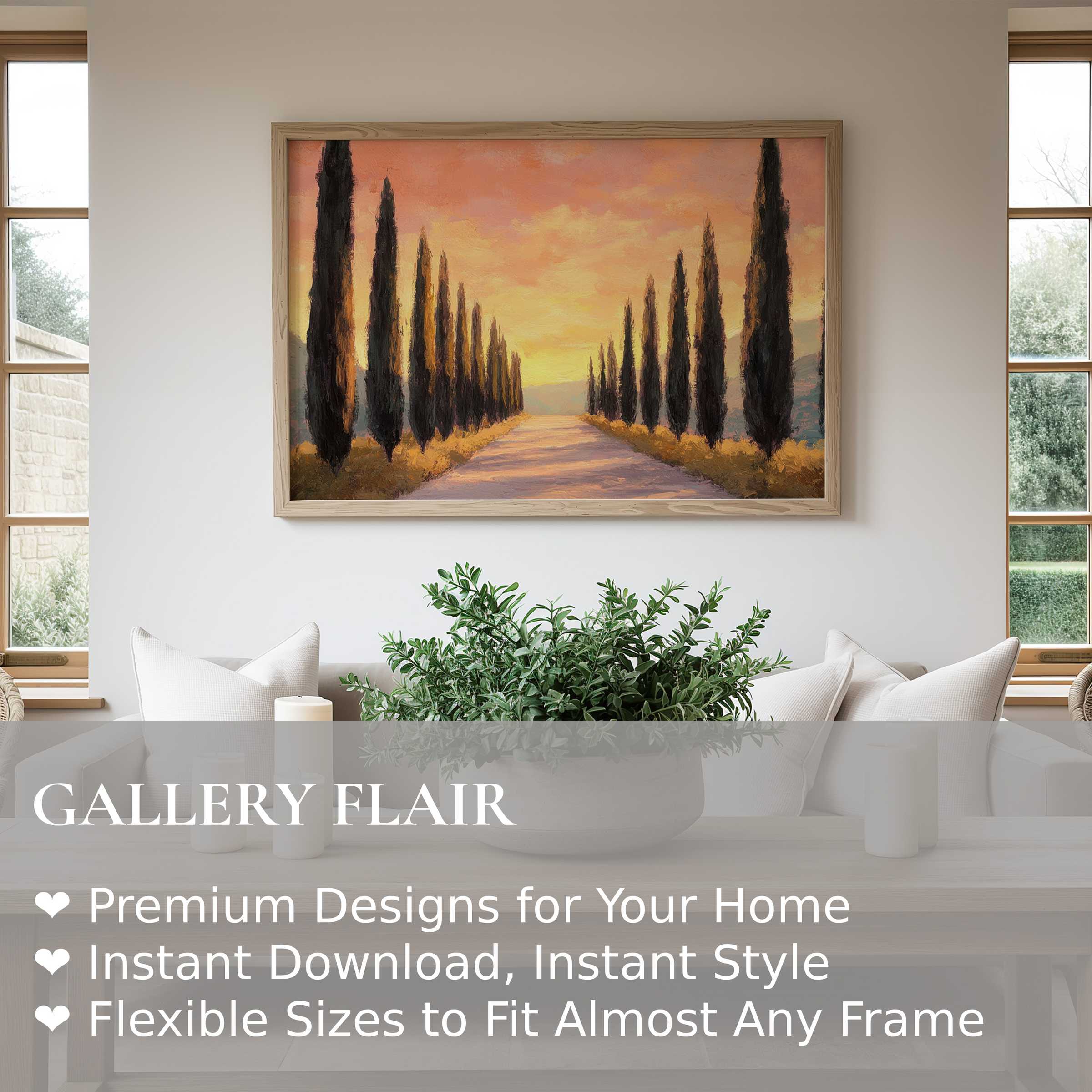 Elegant tree wall art print capturing a serene cypress-lined path at sunset, enhancing modern minimalist interiors with warm, calming tones and refined nature-inspired charm