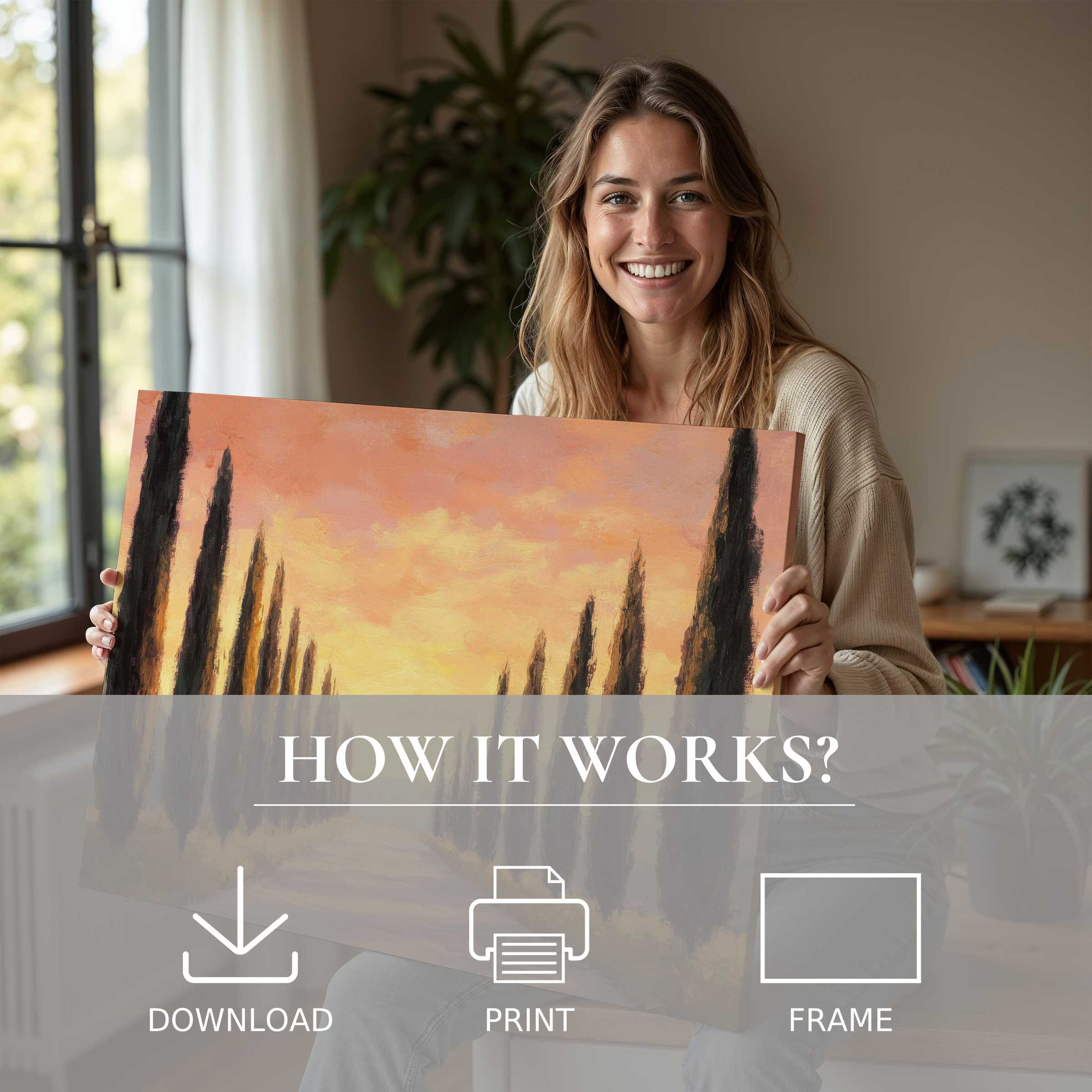 Woman in stylish home radiates joy, embracing serene tree digital art print that transforms living spaces with warmth