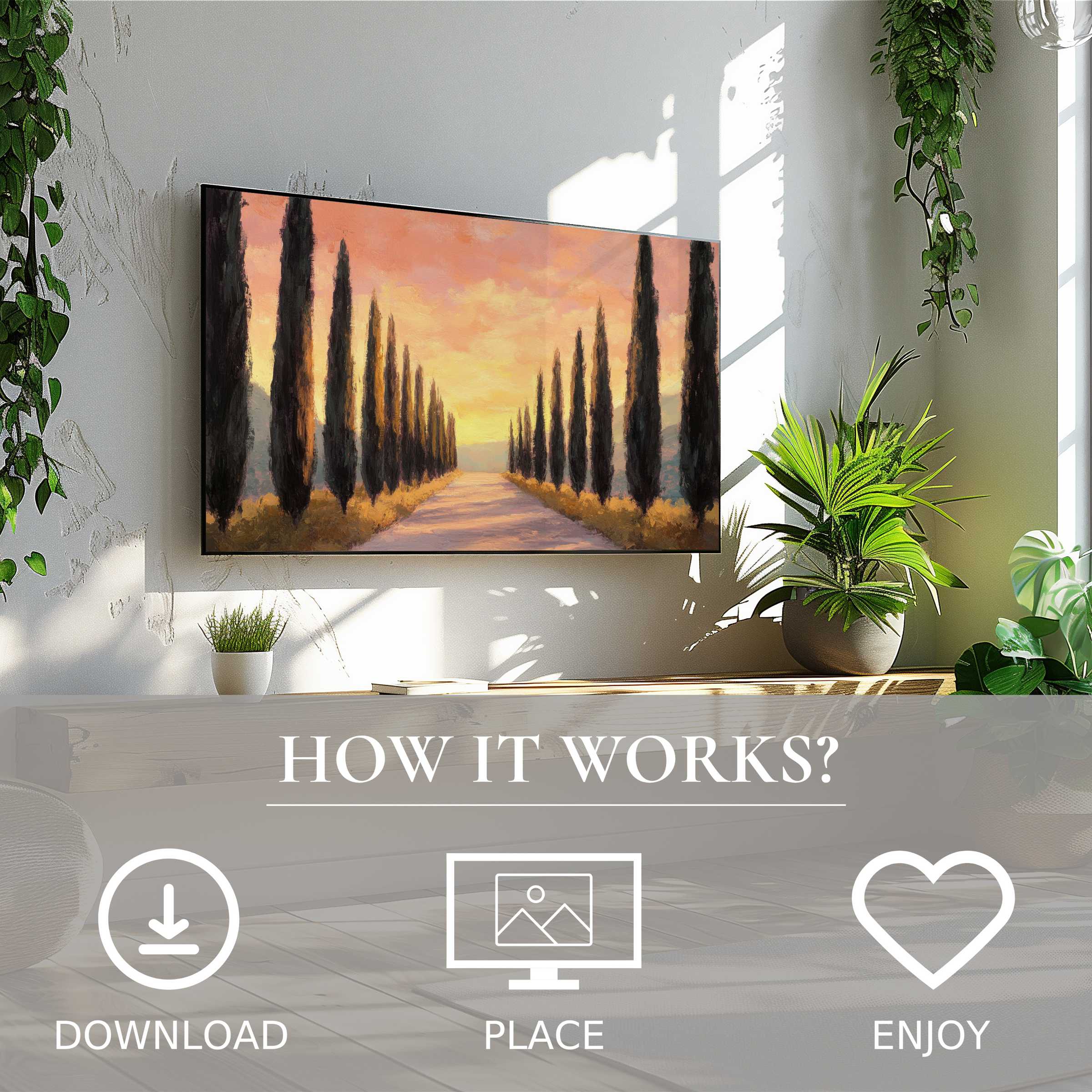 Tree art for Samsung TV with soft sunset tones, easy digital download to elevate your modern living space