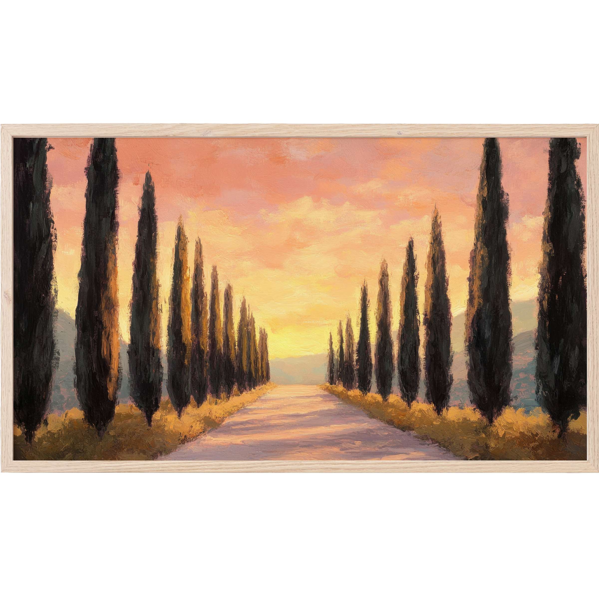 Elegant tree-lined path at sunset in warm golds and pinks, rendered in textured brushstrokes, tree Frame TV Art
