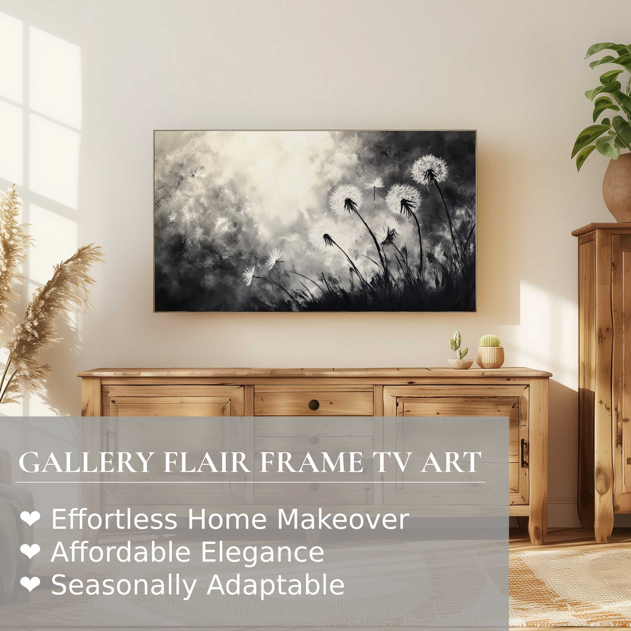 Samsung Frame TV displaying black and white digital artwork of dandelions, perfect for elegant modern home decor