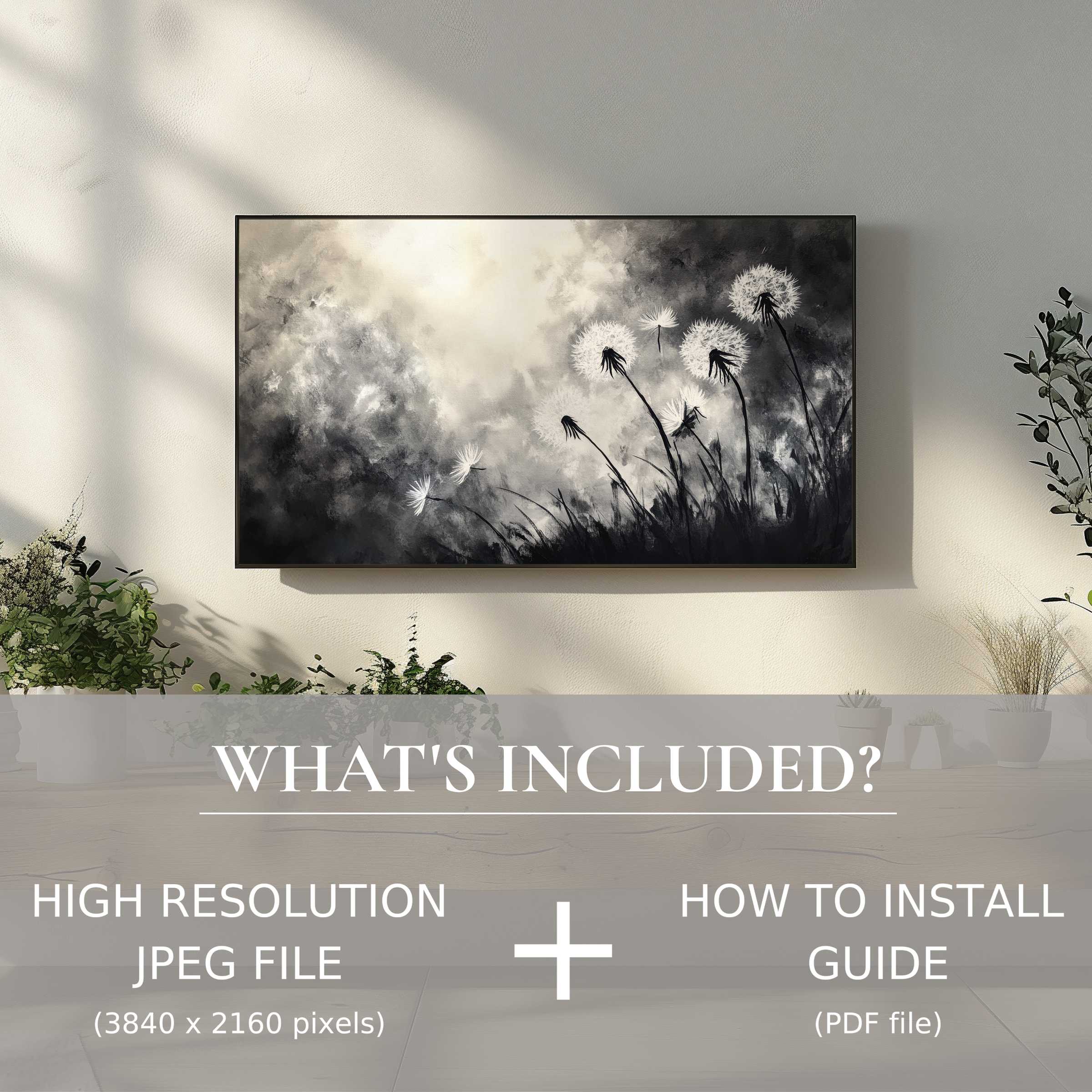 Elegant black and white digital TV art download of dandelions enhances modern living rooms with easy digital use