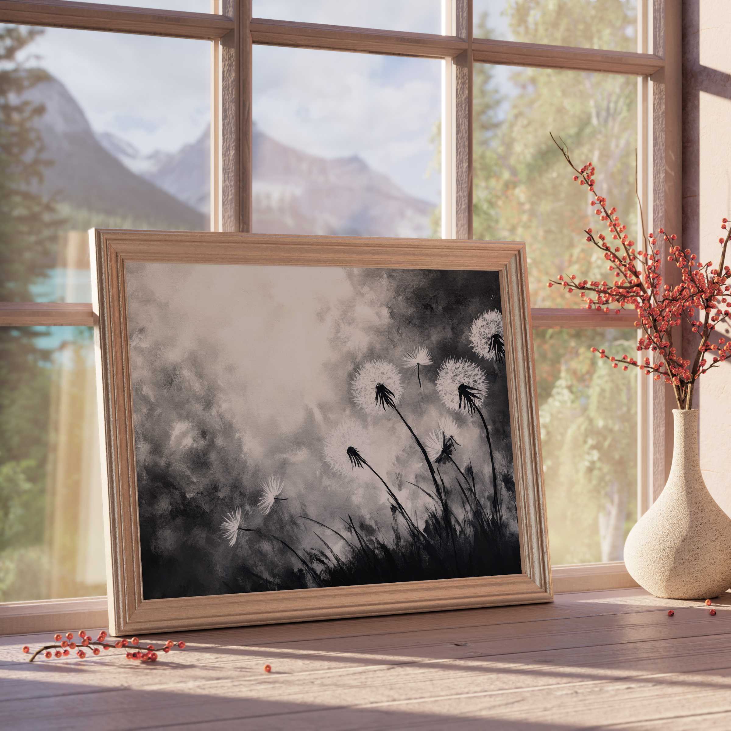 Elegant black and white downloadable art featuring delicate dandelions in a soft breeze, perfect for serene, design-forward interiors