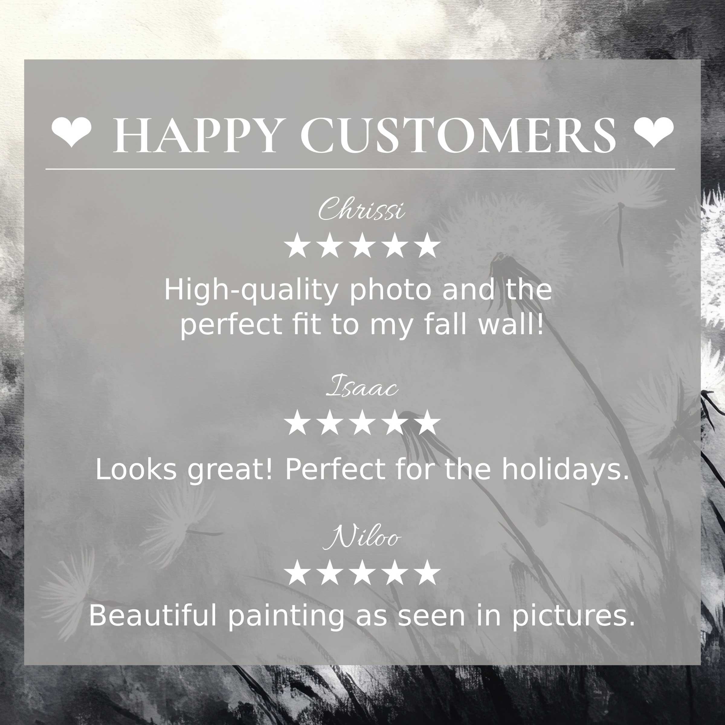 Elegant dandelion silhouettes on smoky gray background with black and white art for Frame TV and happy customer reviews