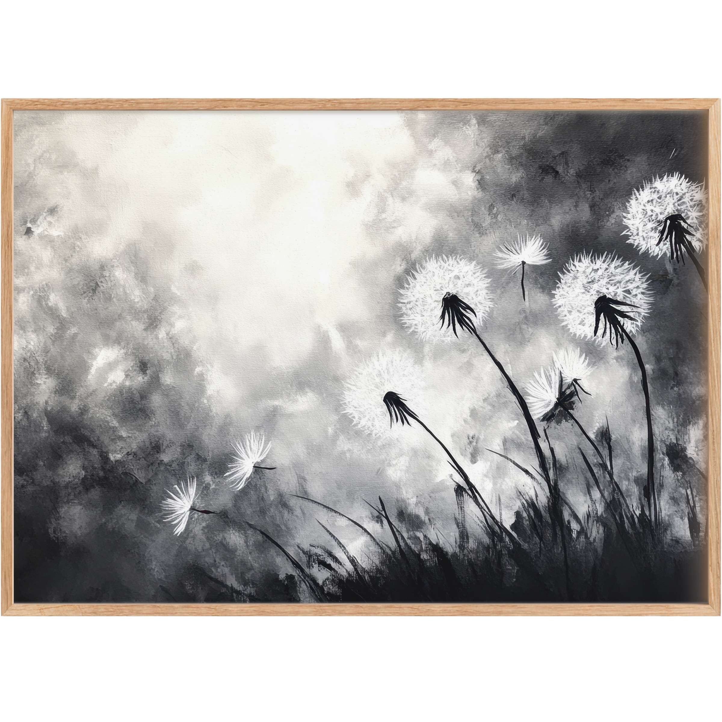 Ethereal black and white printable wall art with delicate dandelions, evoking a serene, timeless elegance for chic interiors