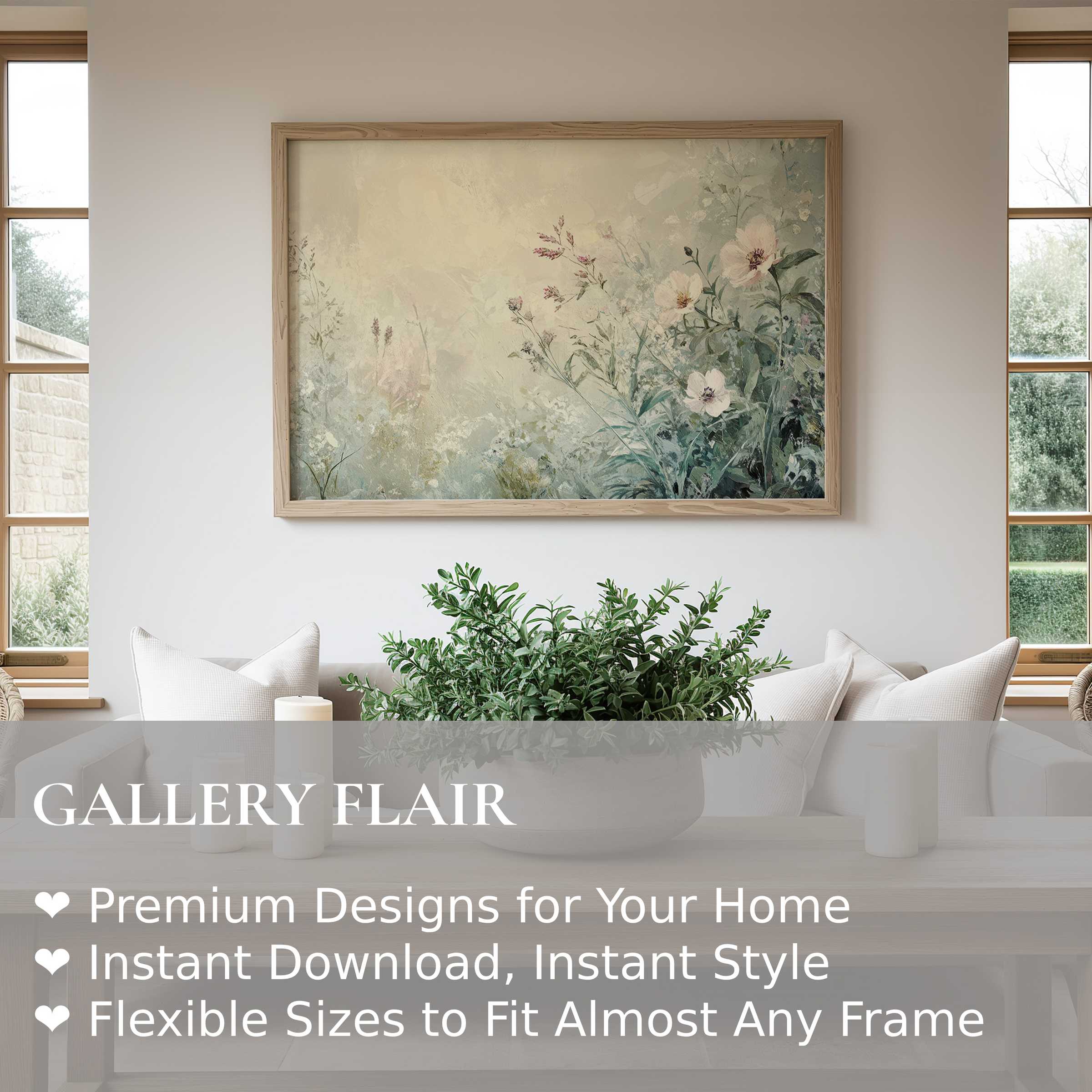 Botanical wall art print with soft, radiant florals in muted tones, enhancing modern minimalist interiors with calming elegance