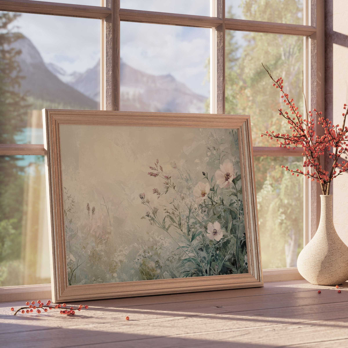 Botanical downloadable art with soft wildflowers in muted tones, enhancing serene, curated interiors and timeless, elegant decor
