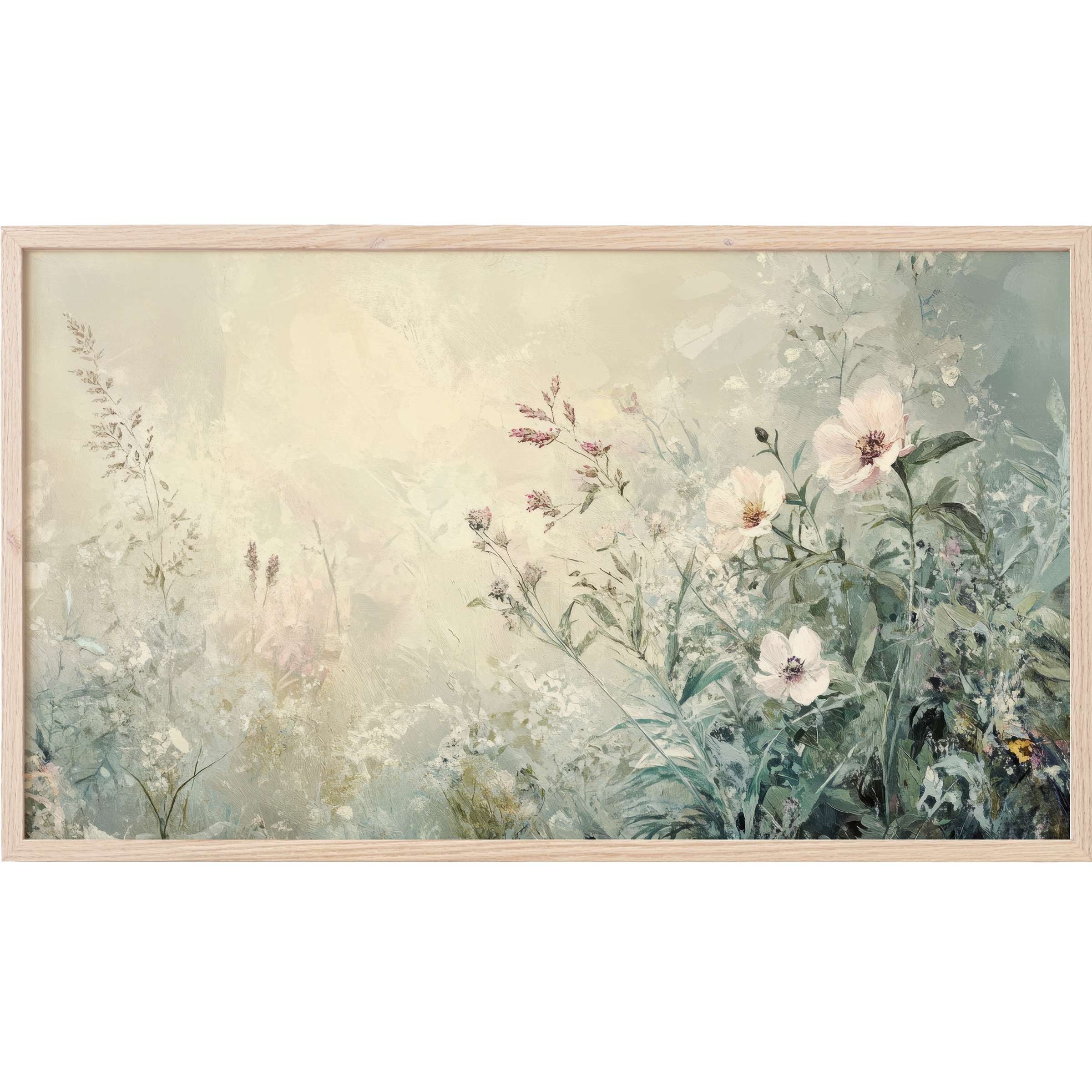Soft pastel blooms and foliage blend in an airy botanical Frame TV Art with serene, modern elegance