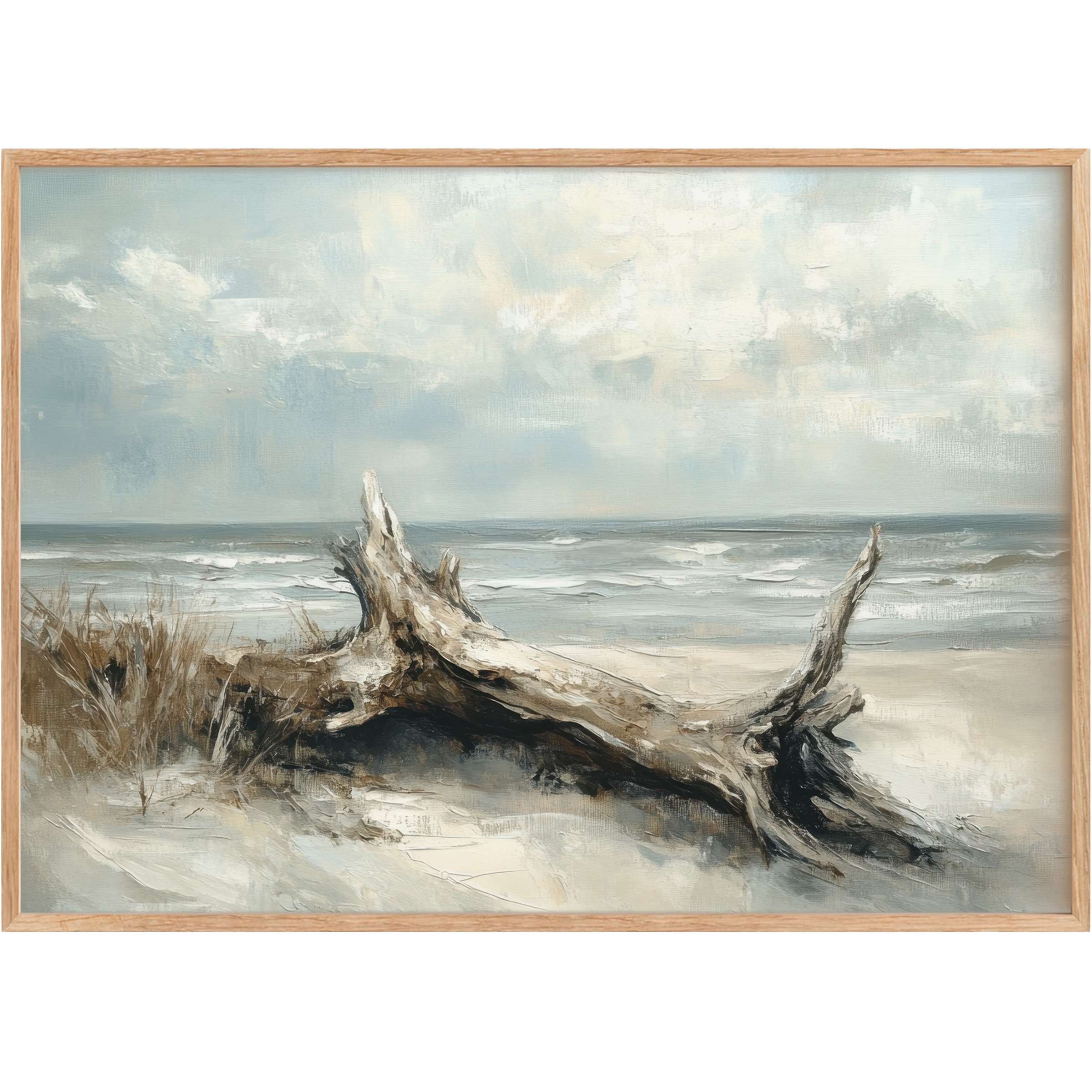 Coastal printable wall art capturing a serene beachscape with weathered driftwood, soft blues, and sandy neutrals evoking calm elegance